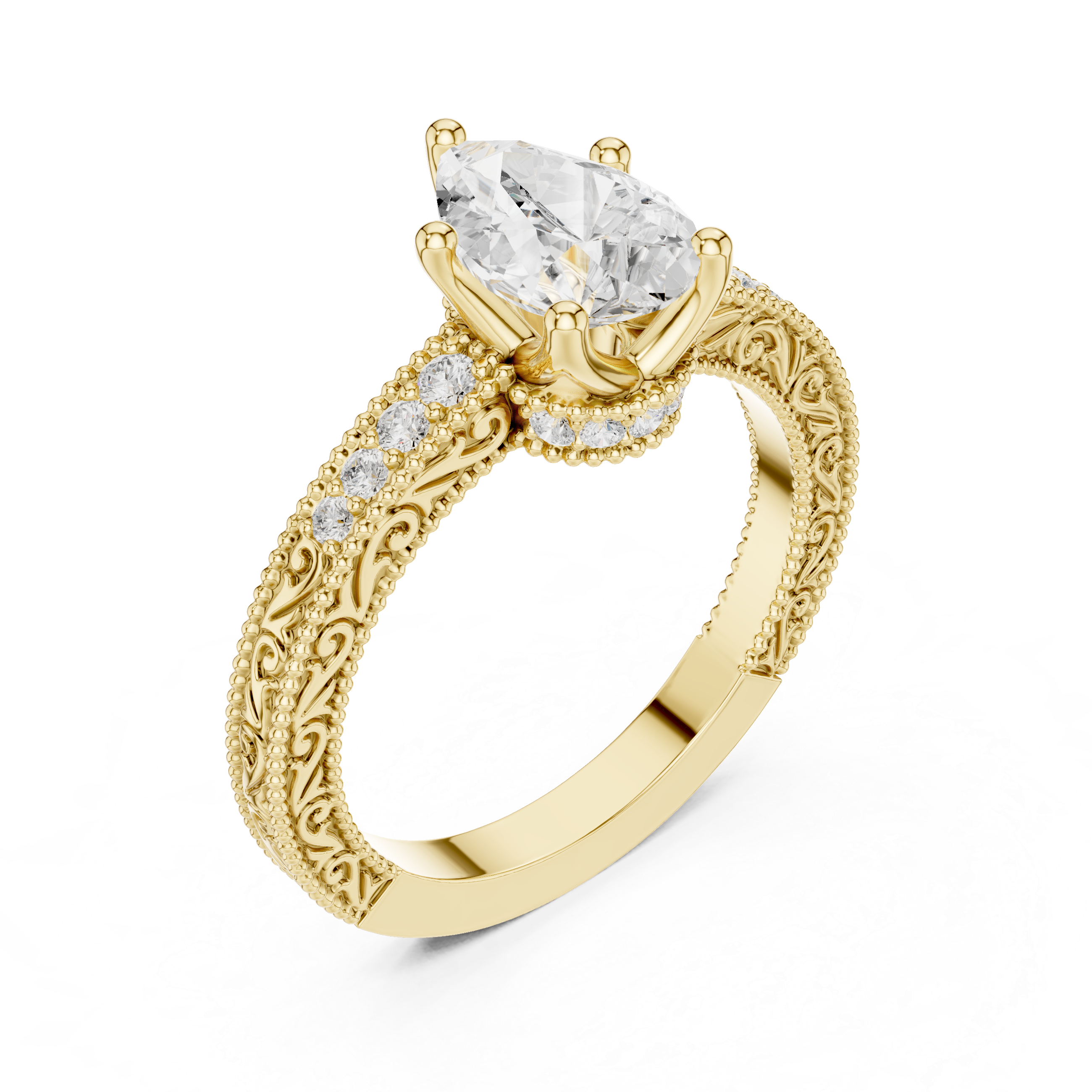 Pear Cut Diamond Halo Engagement Ring with Double Pavé Band
