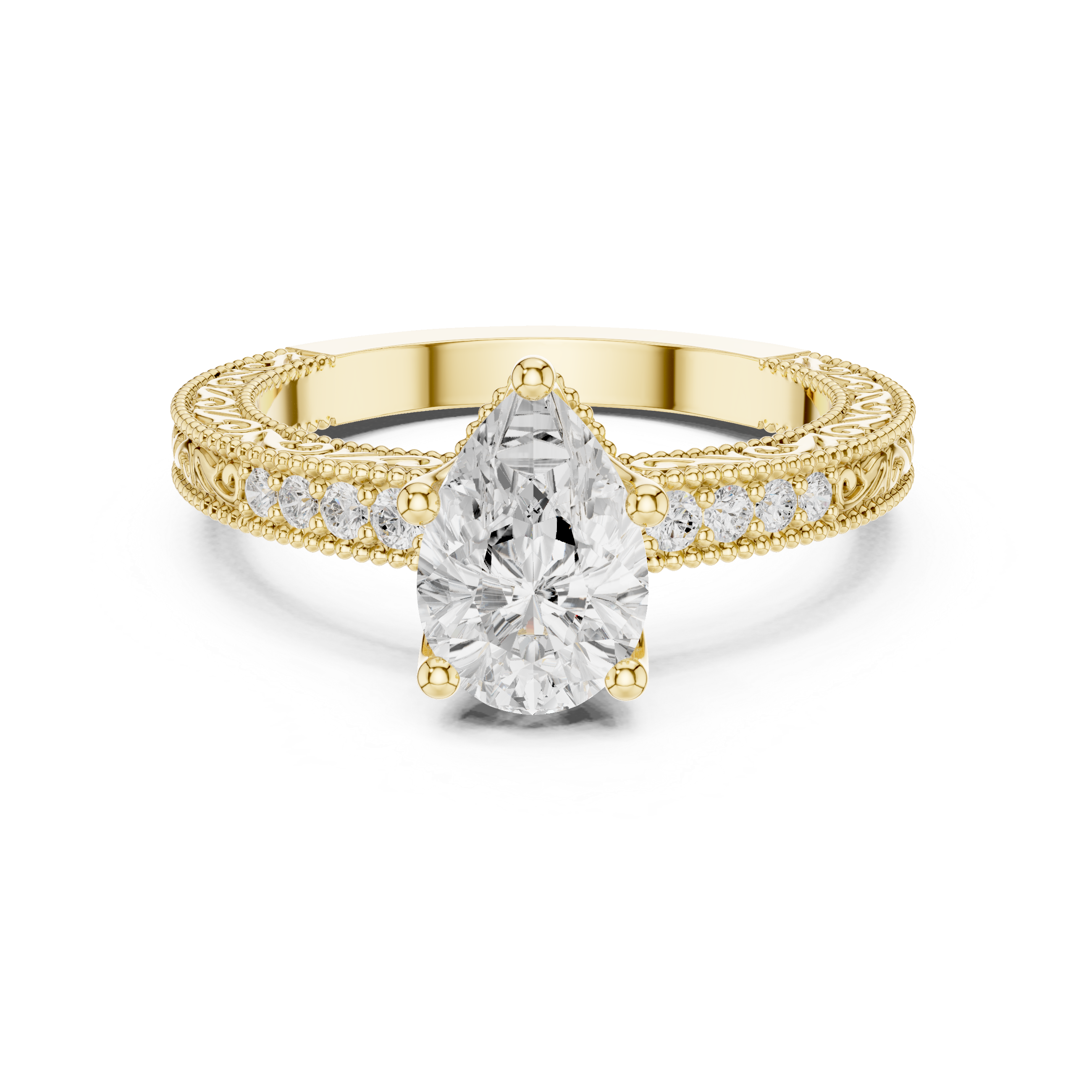 Pear Cut Diamond Halo Engagement Ring with Double Pavé Band