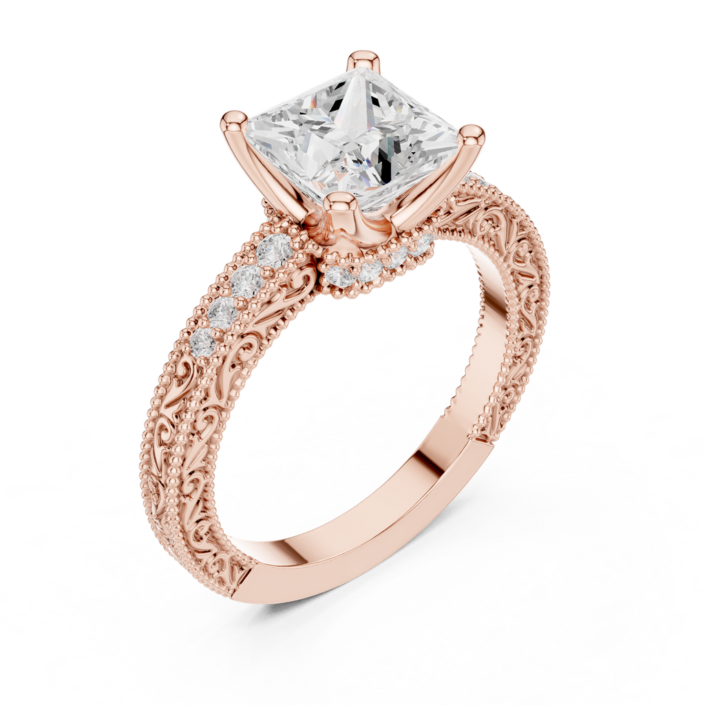 Princess Cut Diamond Halo Engagement Ring with Double Pavé Band