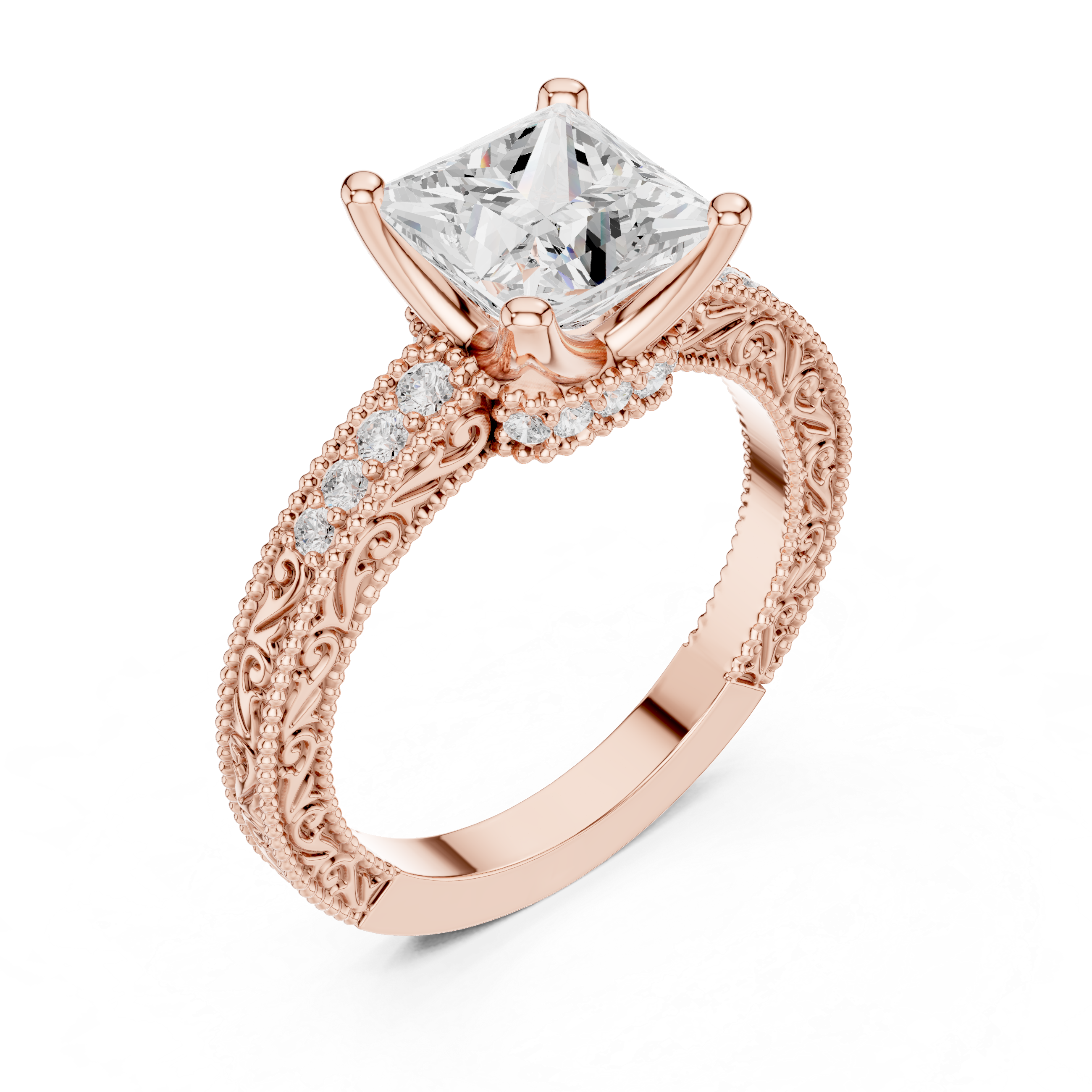 Princess Cut Diamond Halo Engagement Ring with Double Pavé Band