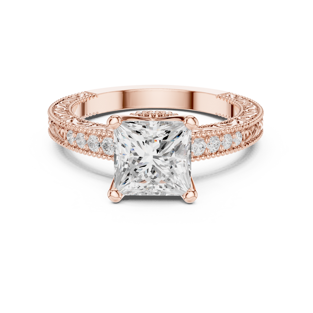 Princess Cut Diamond Halo Engagement Ring with Double Pavé Band
