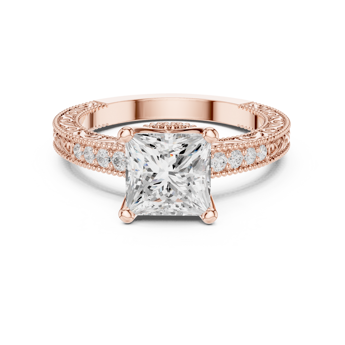 Princess Cut Diamond Halo Engagement Ring with Double Pavé Band – view 5 of 12, lab grown diamond band | Jewelix Atelier