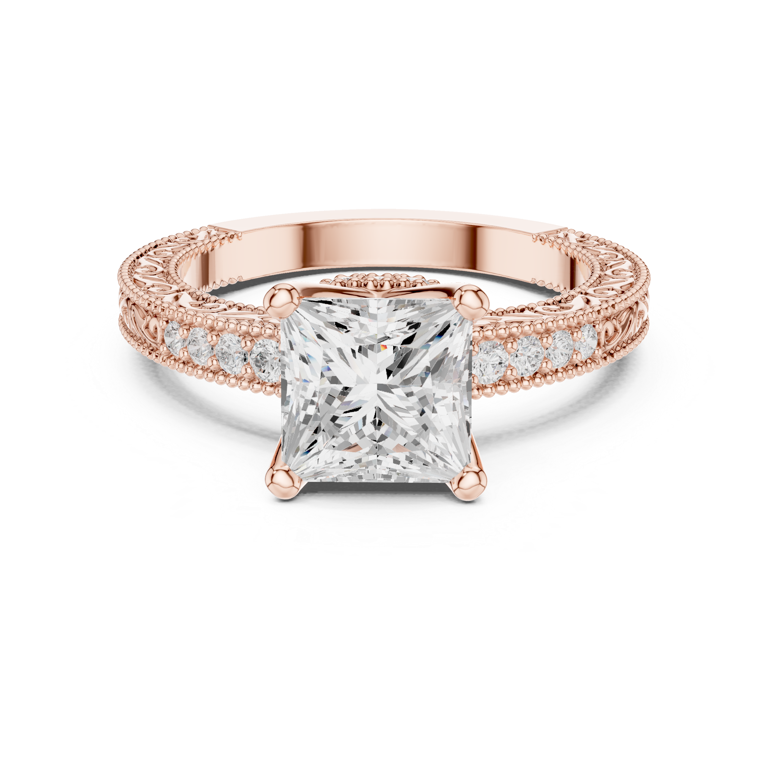 Princess Cut Diamond Halo Engagement Ring with Double Pavé Band