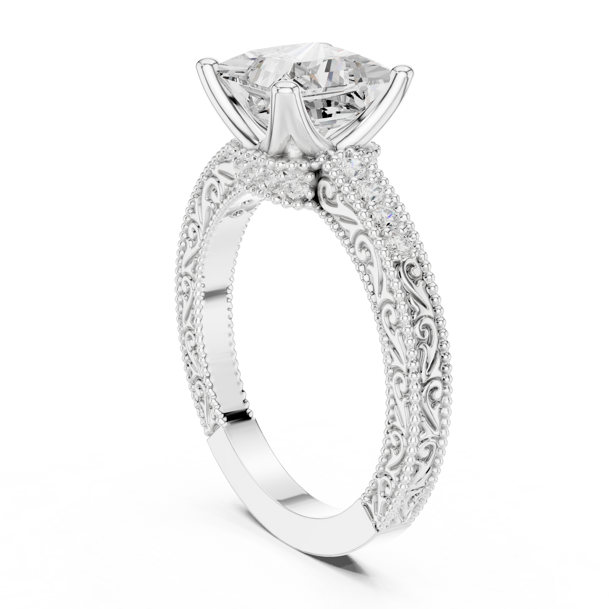 Princess Cut Diamond Halo Engagement Ring with Double Pavé Band – view 2 of 12, lab grown diamond band | Jewelix Atelier