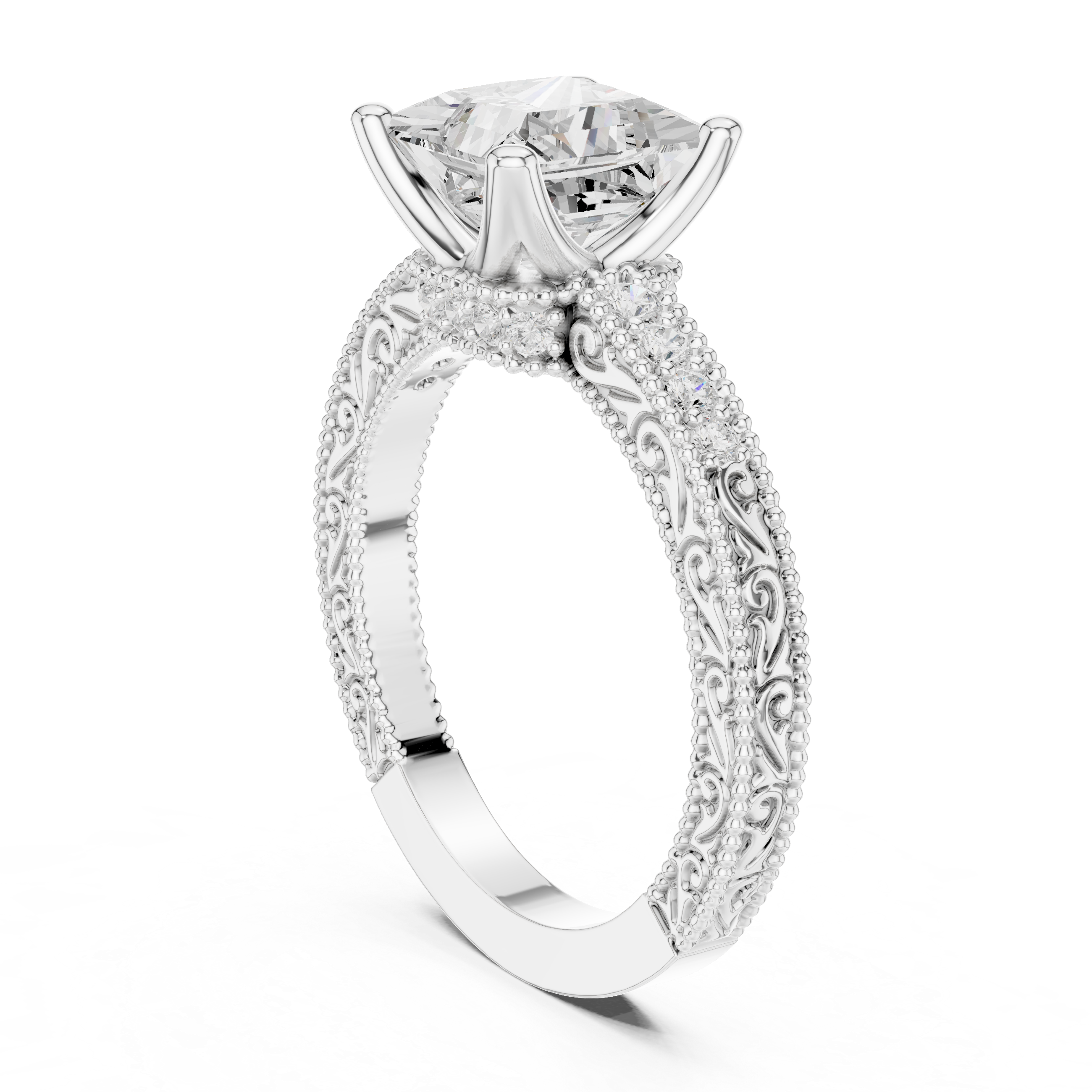 Princess Cut Diamond Halo Engagement Ring with Double Pavé Band