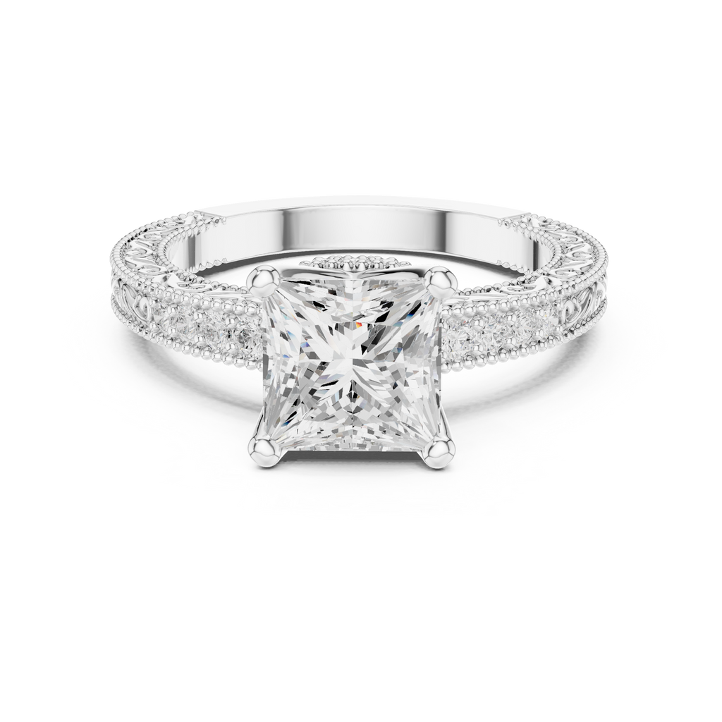 Princess Cut Diamond Halo Engagement Ring with Double Pavé Band