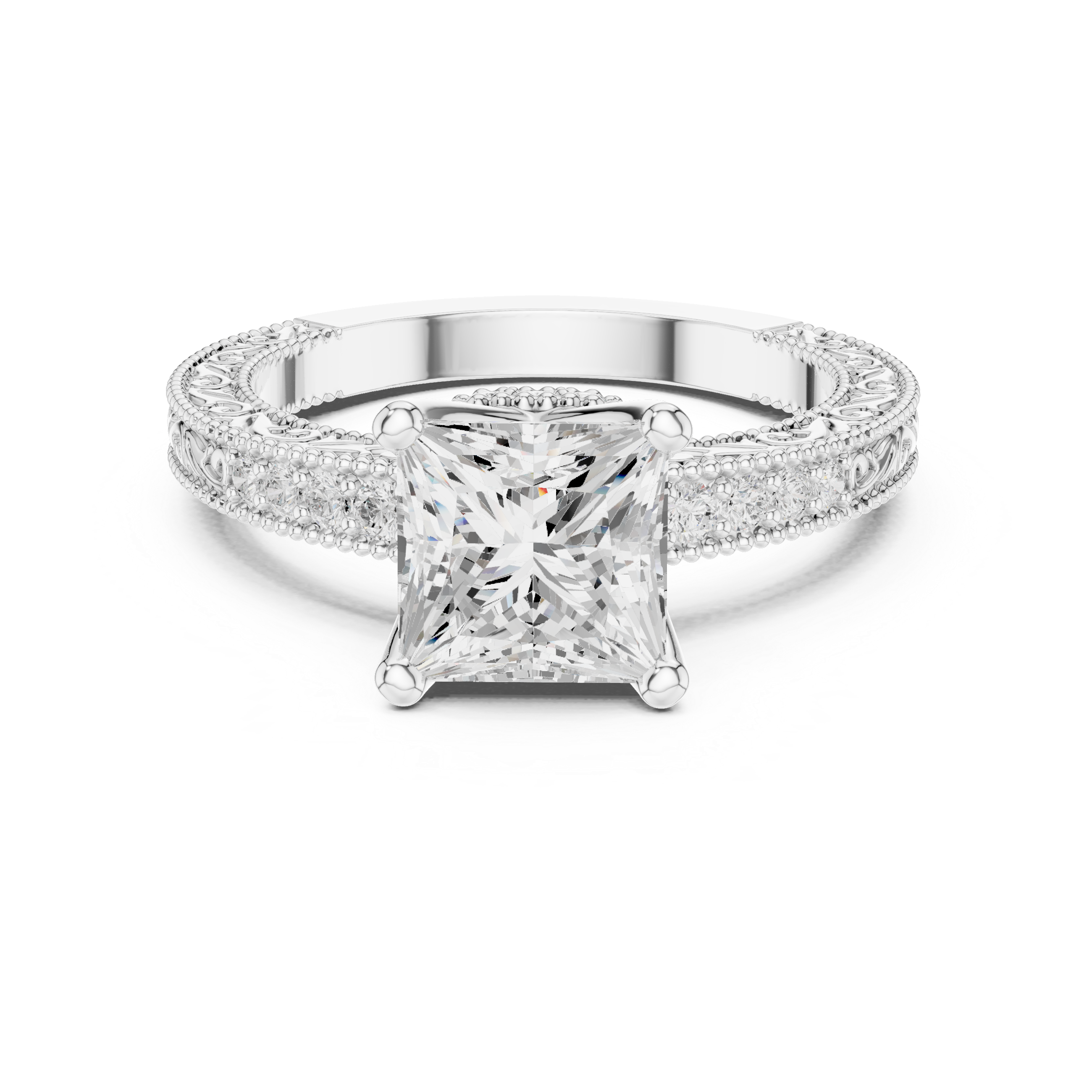 Princess Cut Diamond Halo Engagement Ring with Double Pavé Band