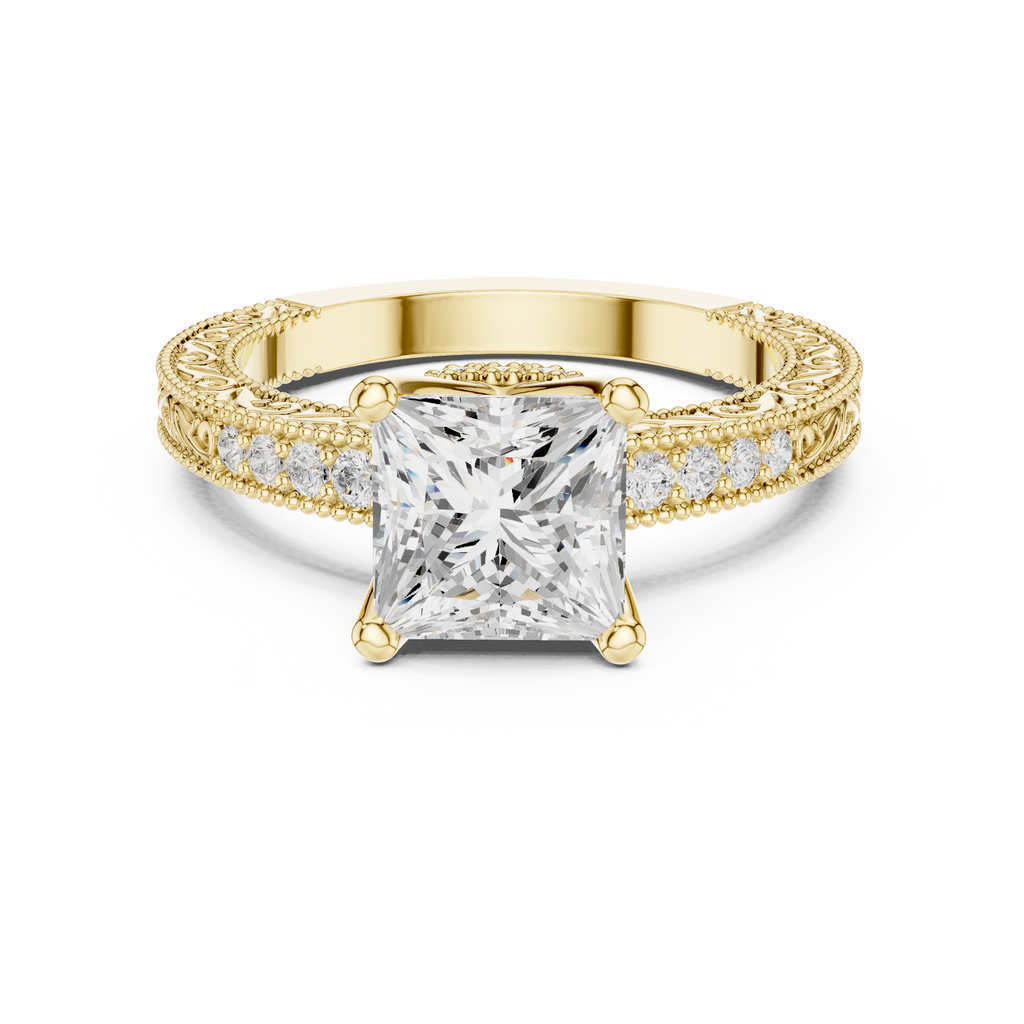 Princess Cut Diamond Halo Engagement Ring with Double Pavé Band