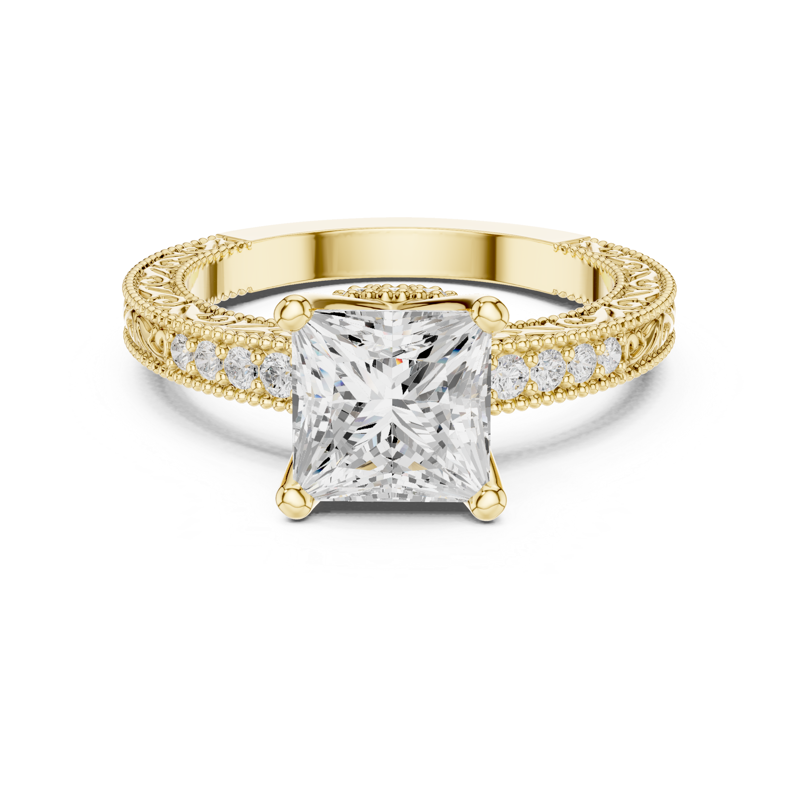 Princess Cut Diamond Halo Engagement Ring with Double Pavé Band