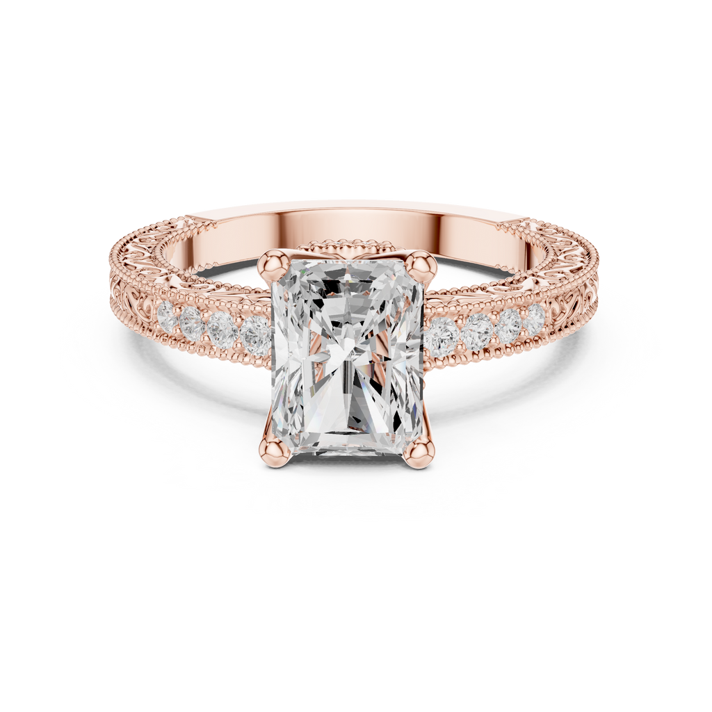 Radiant Cut Diamond Halo Engagement Ring with Double Pavé Band