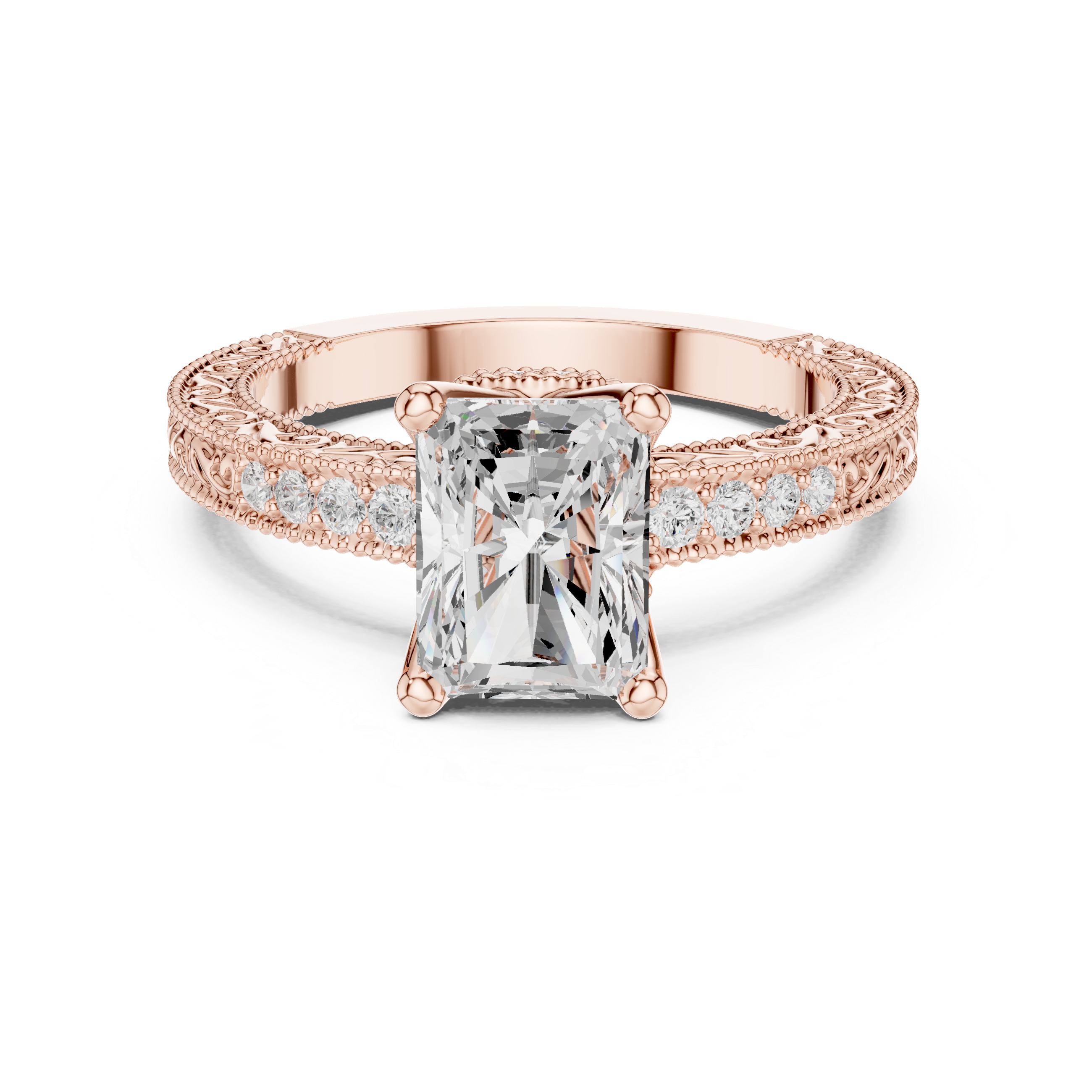 Radiant Cut Diamond Halo Engagement Ring with Double Pavé Band
