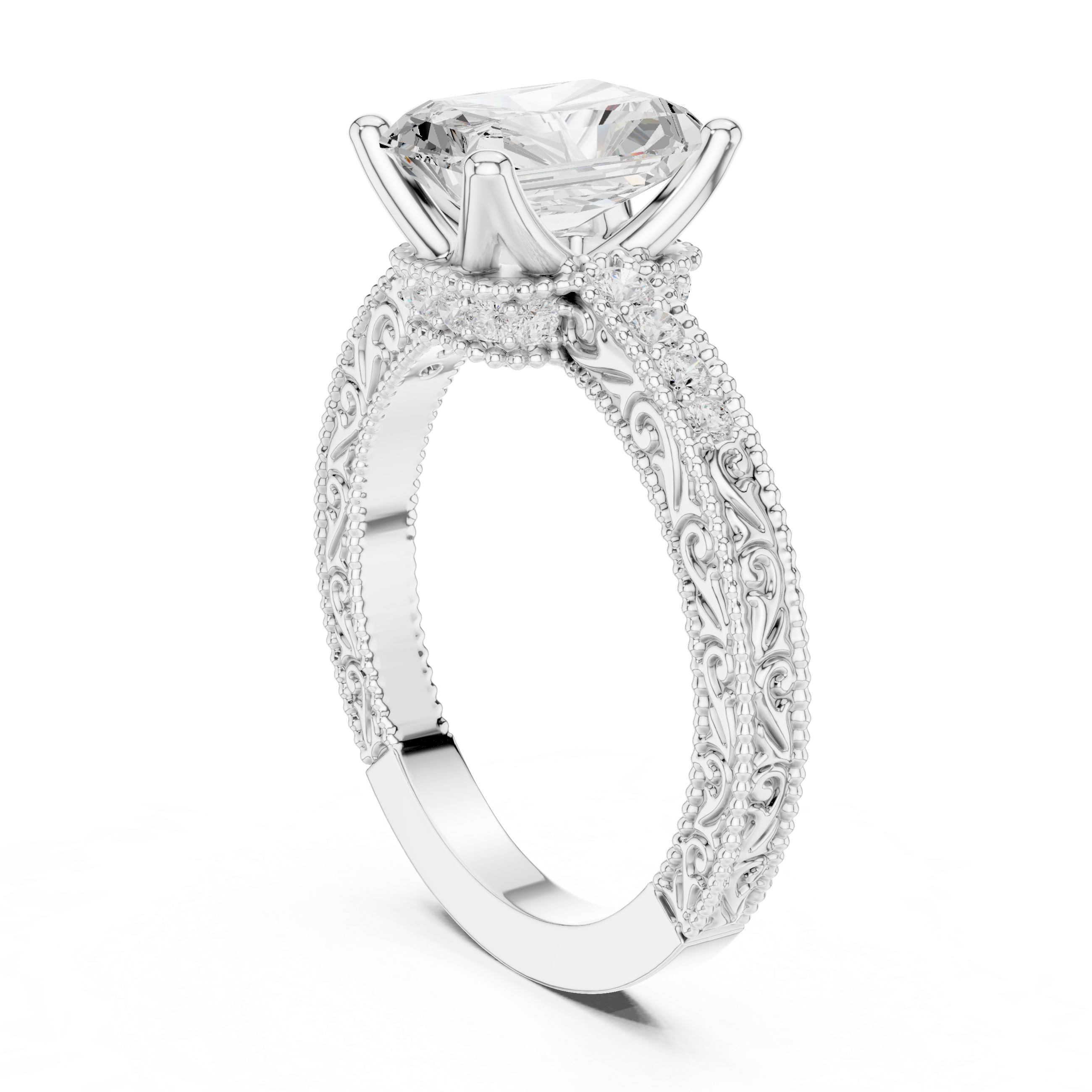 Radiant Cut Diamond Halo Engagement Ring with Double Pavé Band