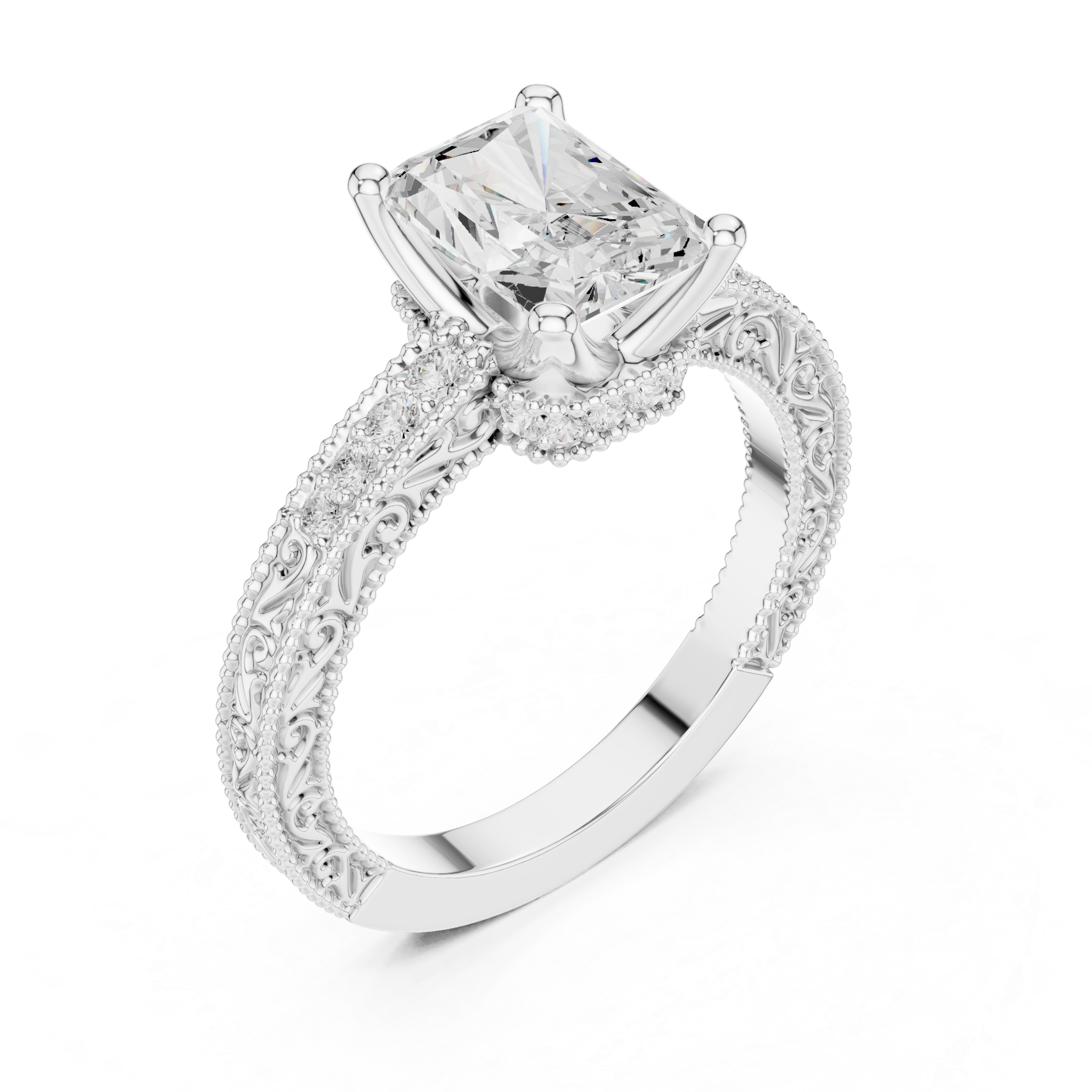 Radiant Cut Diamond Halo Engagement Ring with Double Pavé Band