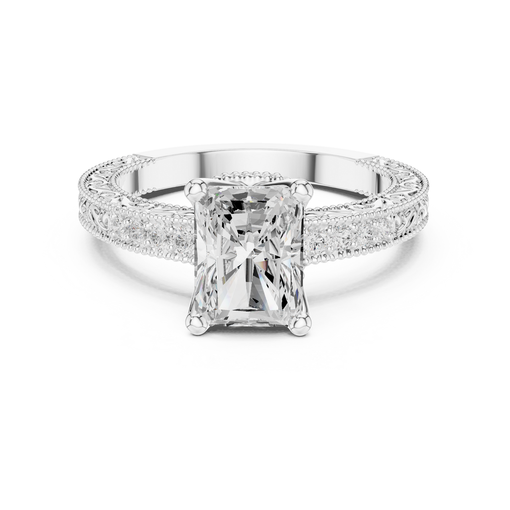 Radiant Cut Diamond Halo Engagement Ring with Double Pavé Band