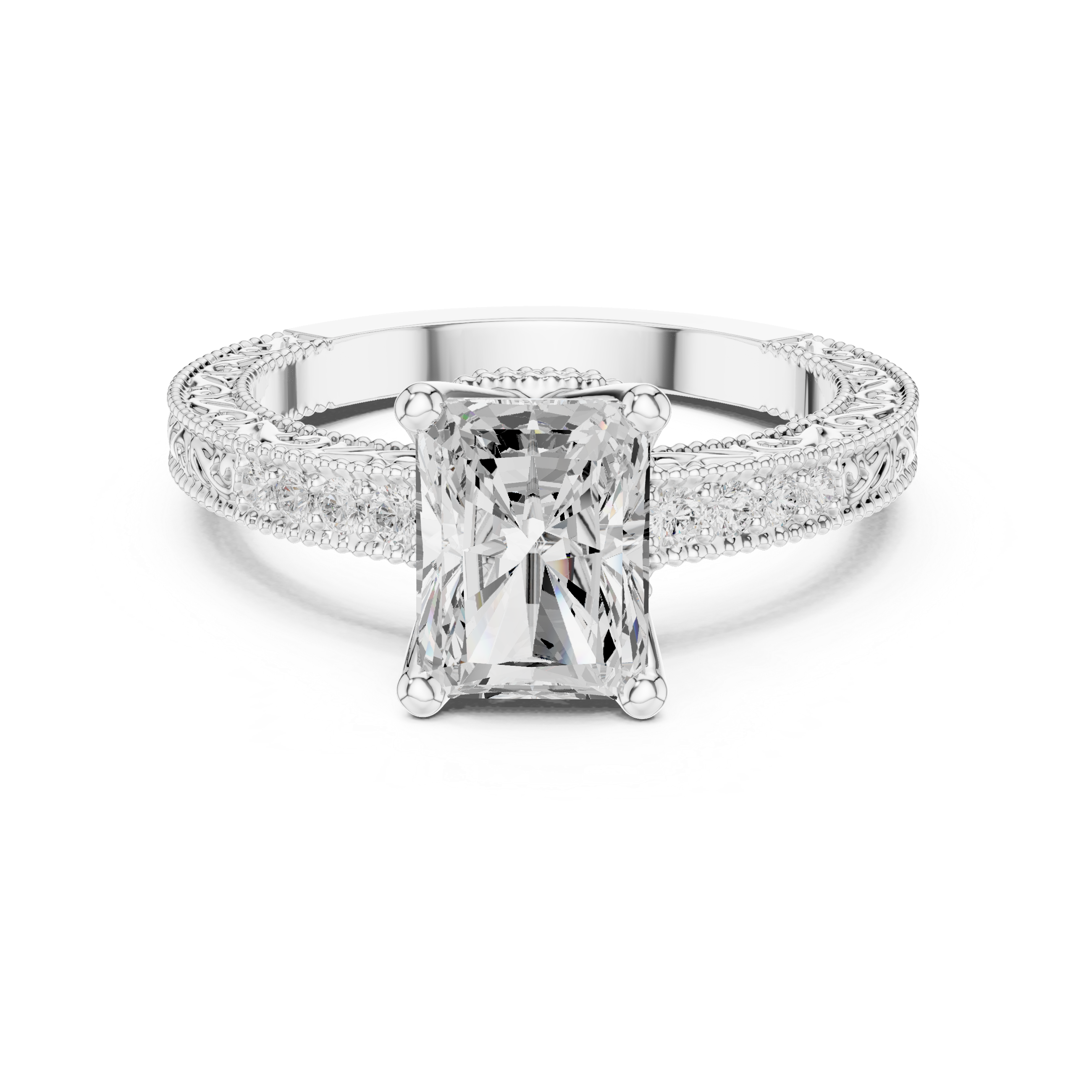 Radiant Cut Diamond Halo Engagement Ring with Double Pavé Band