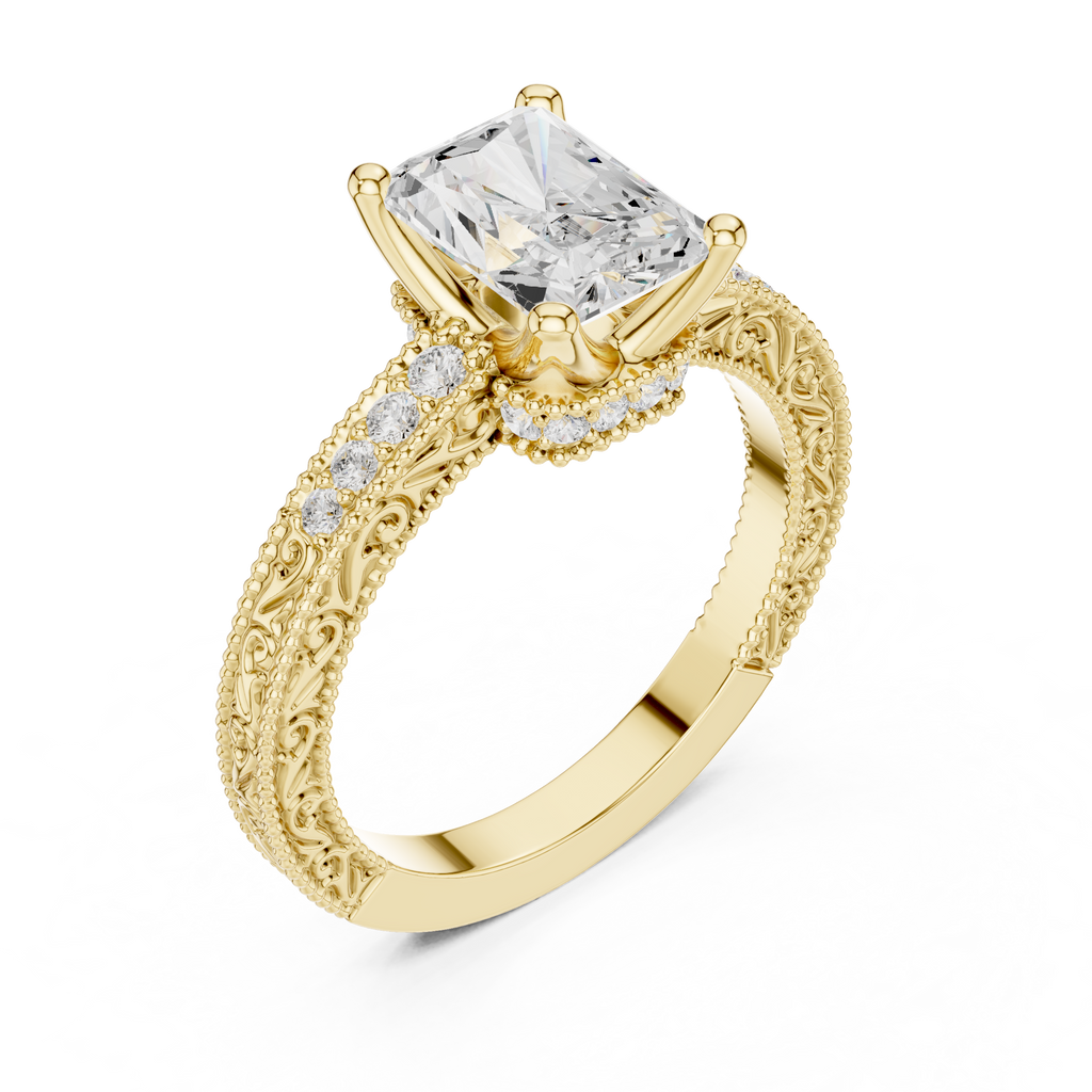 Radiant Cut Diamond Halo Engagement Ring with Double Pavé Band