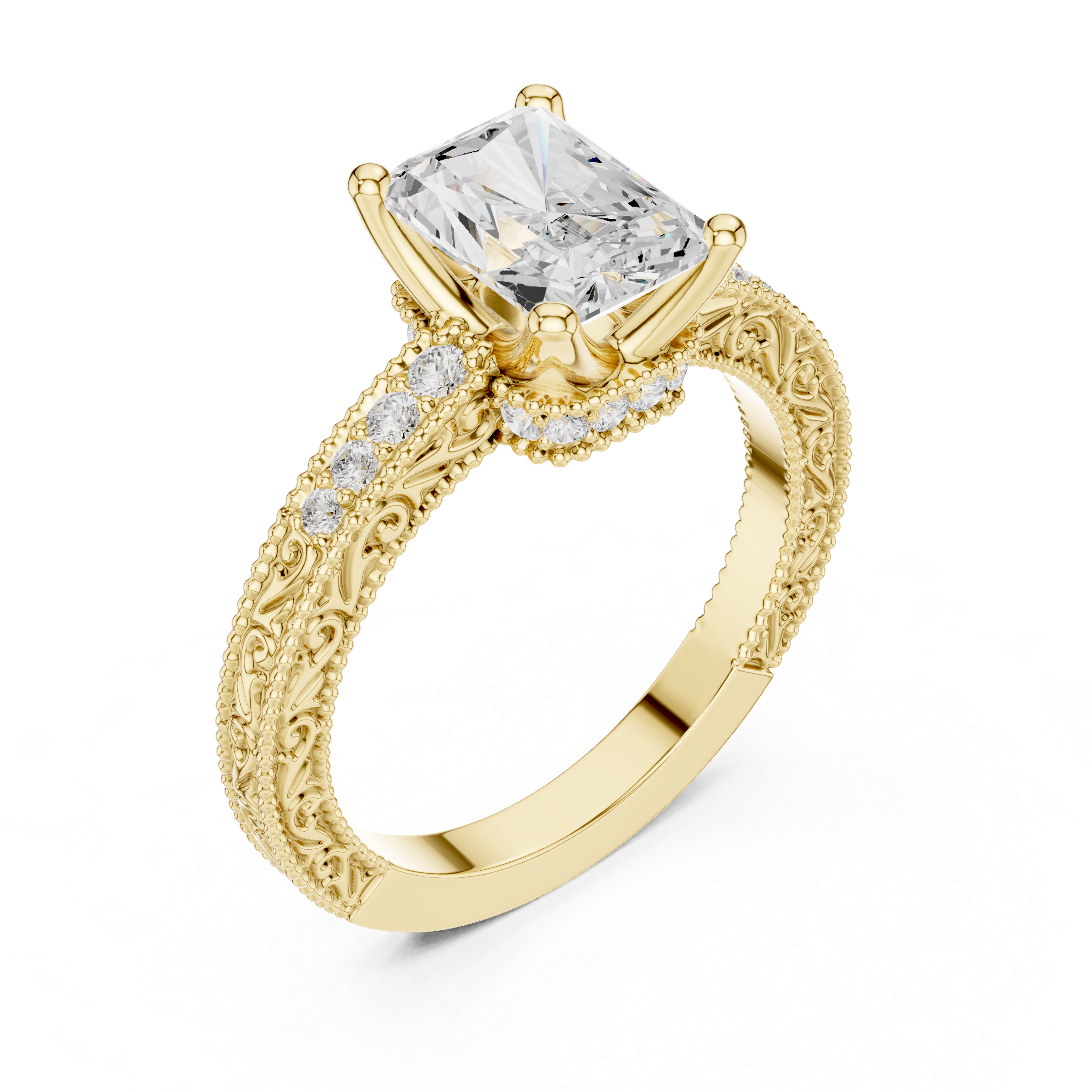 Radiant Cut Diamond Halo Engagement Ring with Double Pavé Band