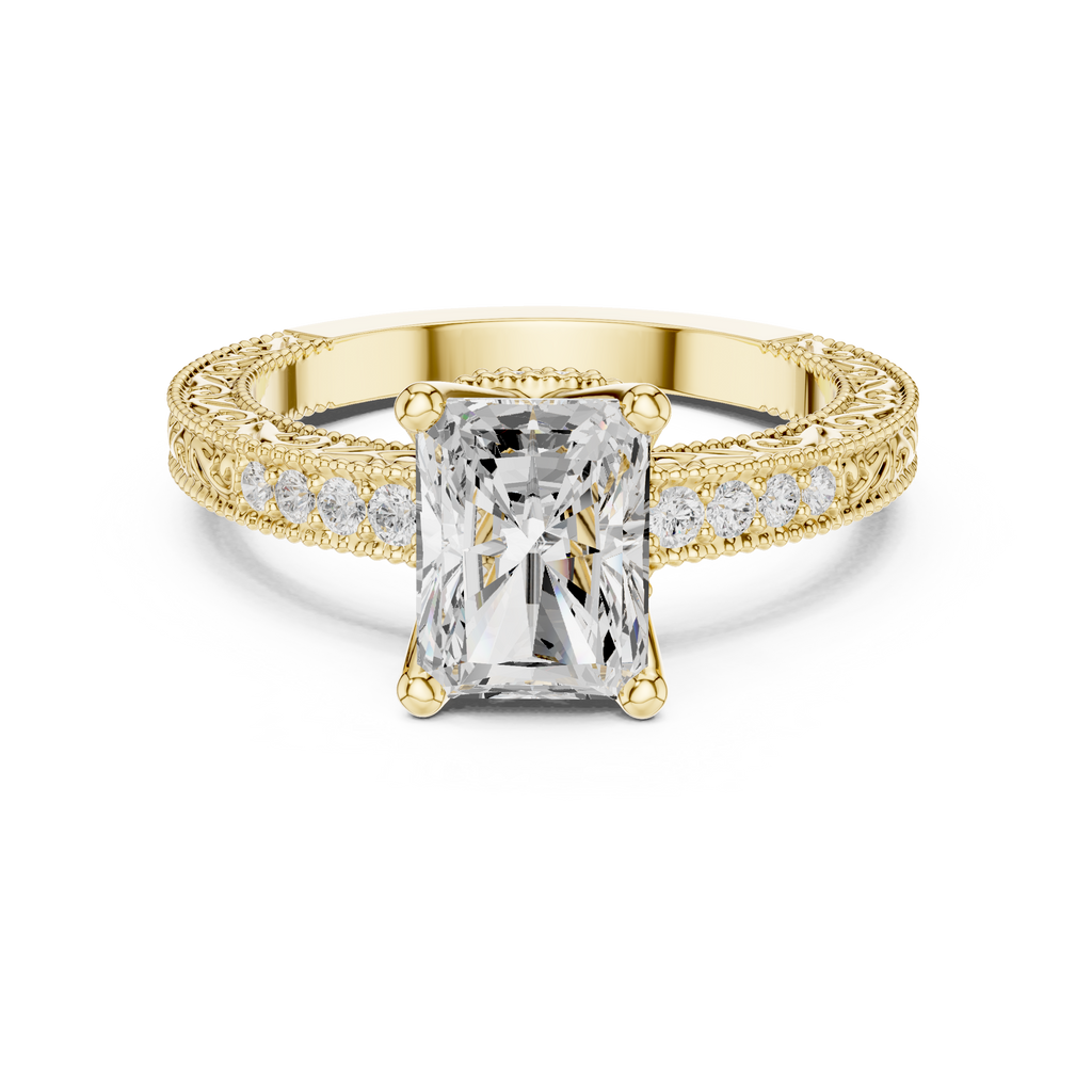 Radiant Cut Diamond Halo Engagement Ring with Double Pavé Band