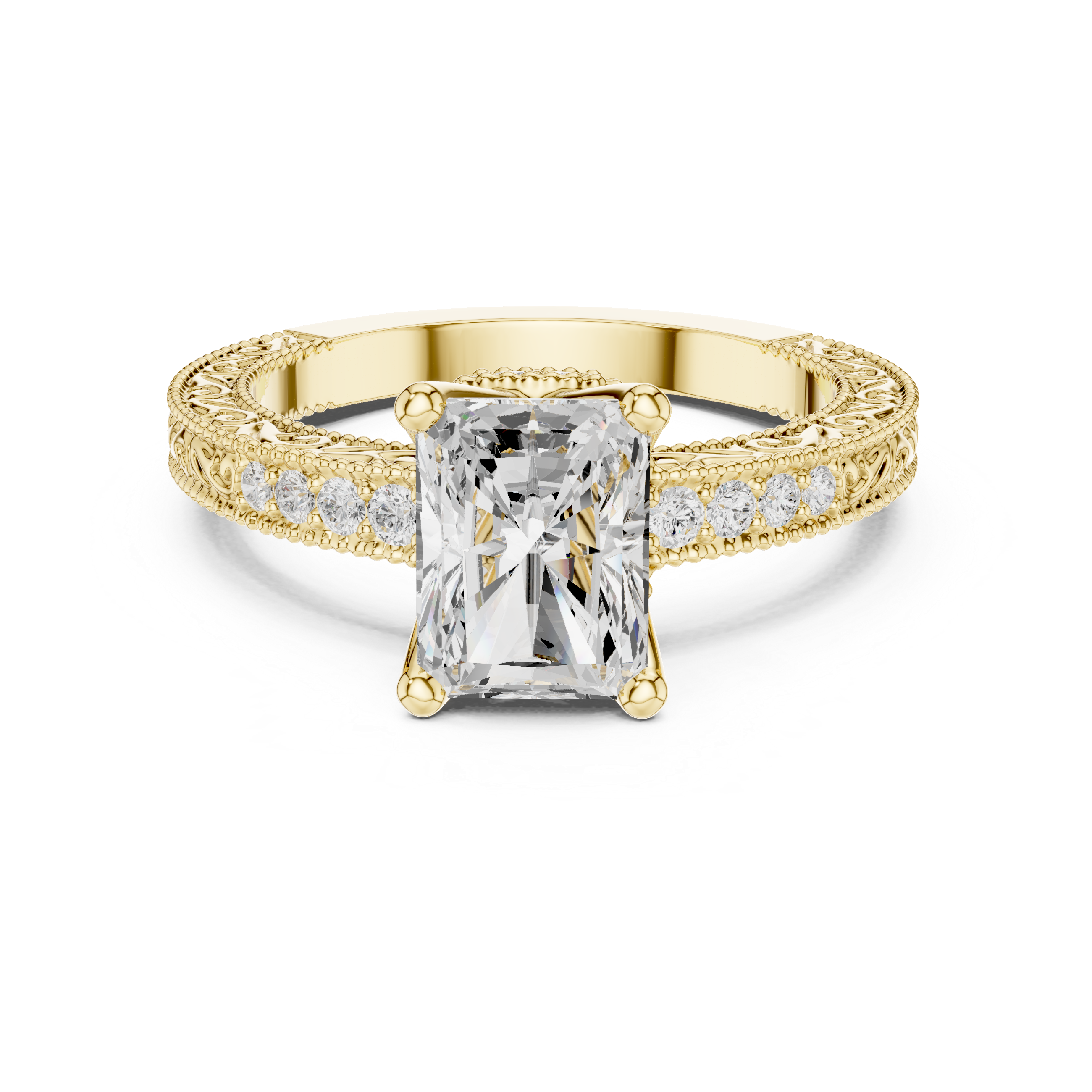 Radiant Cut Diamond Halo Engagement Ring with Double Pavé Band