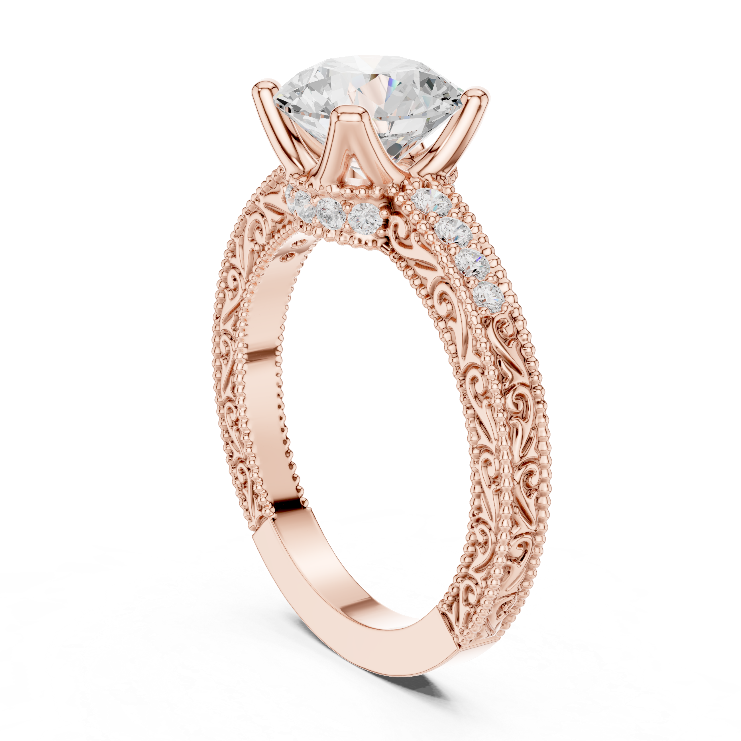 Round Brilliant Diamond Hidden Halo Engagement Ring with Double Pavé Band