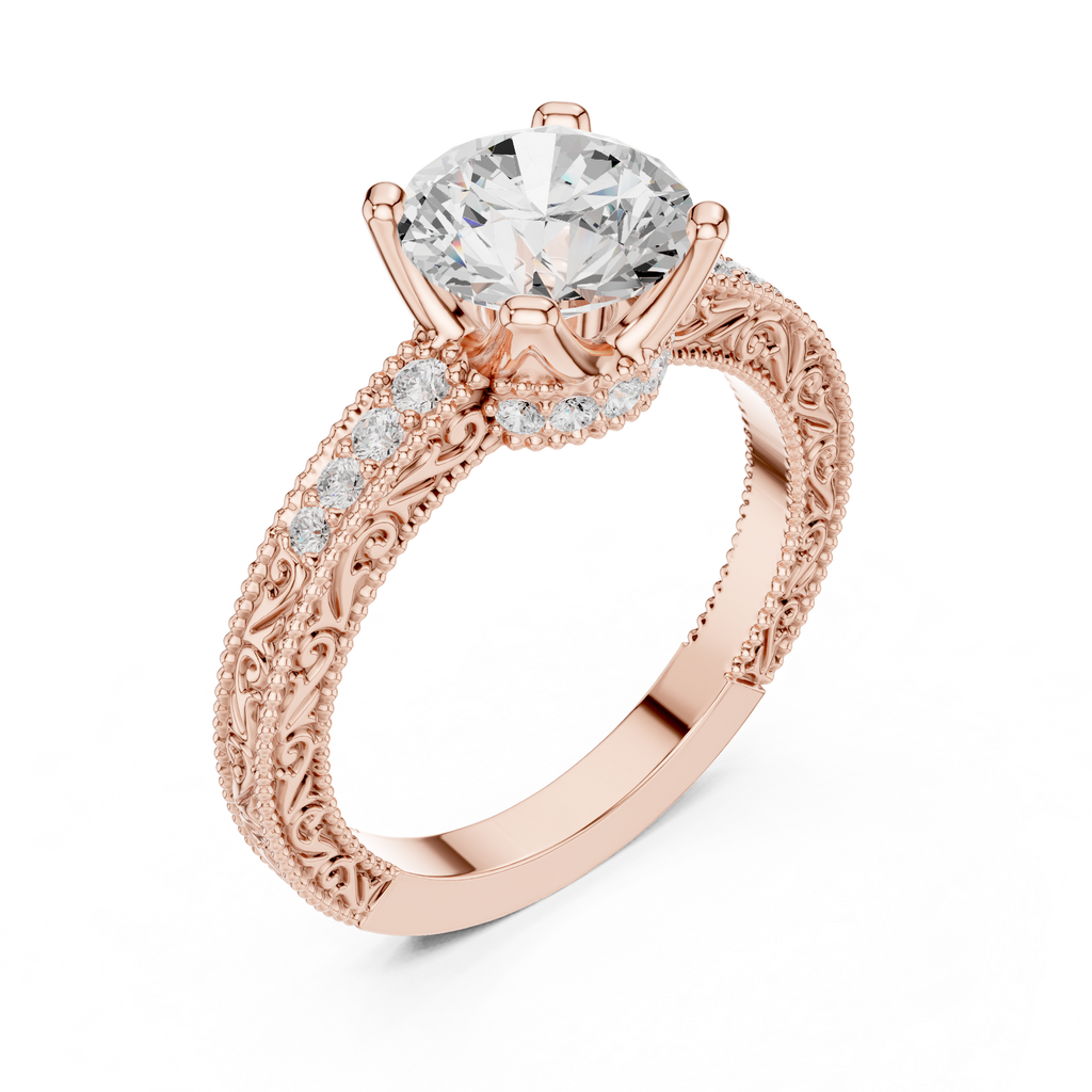 Round Brilliant Diamond Hidden Halo Engagement Ring with Double Pavé Band