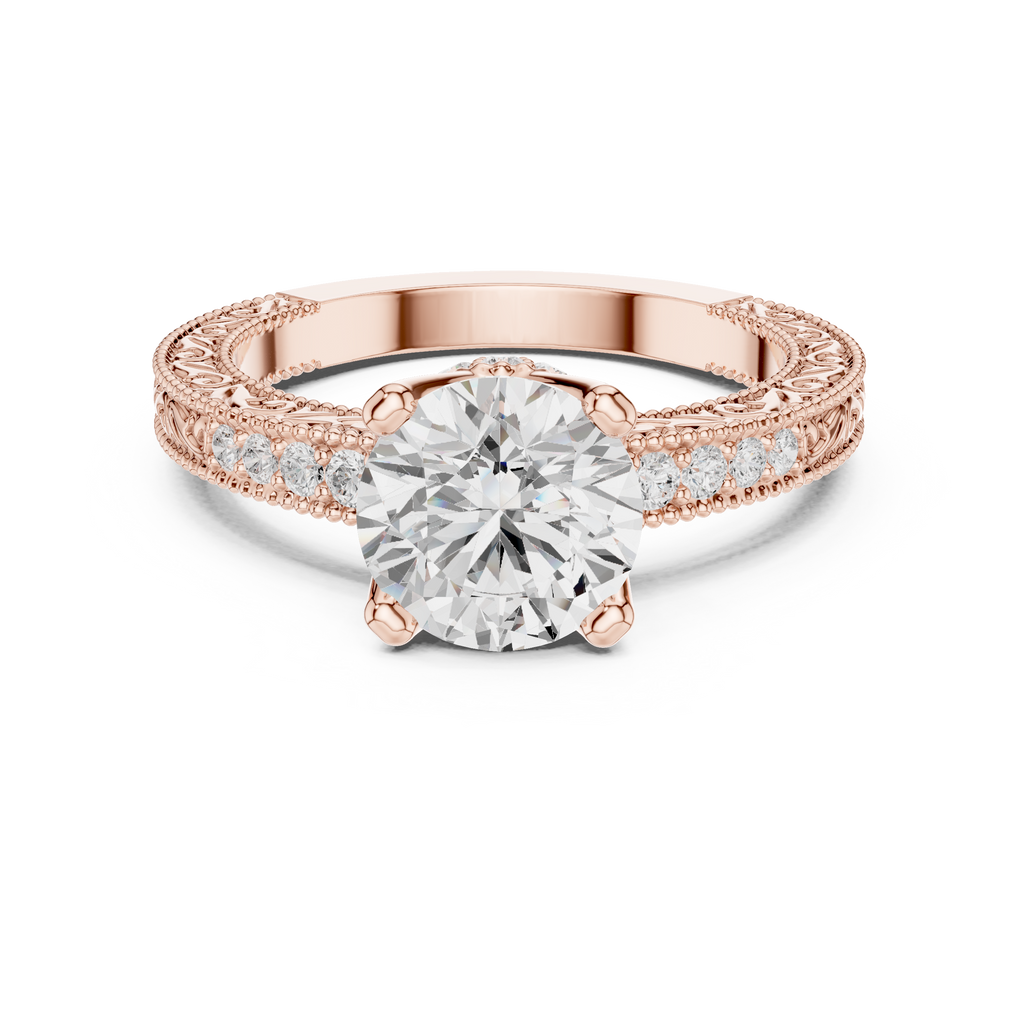 Round Brilliant Diamond Hidden Halo Engagement Ring with Double Pavé Band