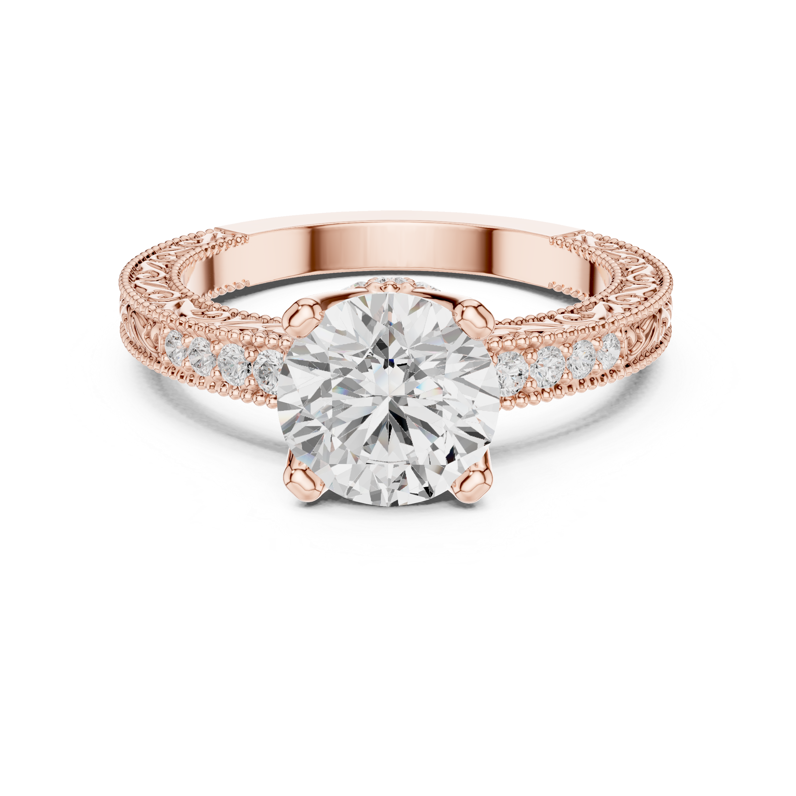 Round Brilliant Diamond Hidden Halo Engagement Ring with Double Pavé Band