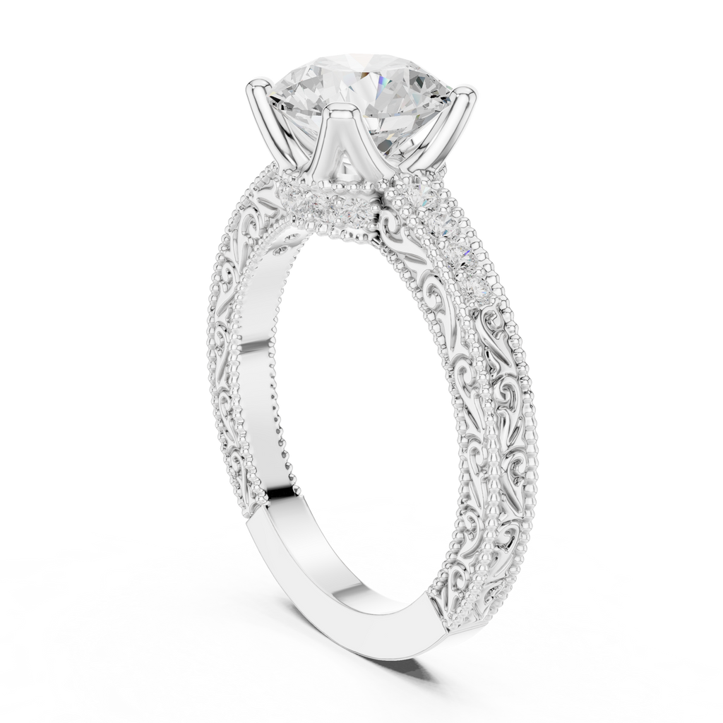 Round Brilliant Diamond Hidden Halo Engagement Ring with Double Pavé Band