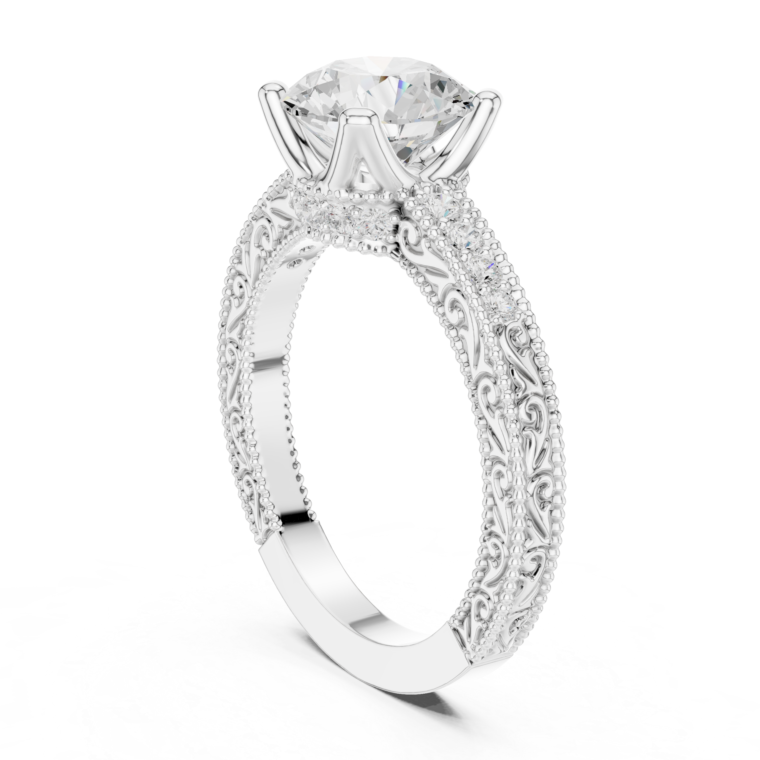 Round Brilliant Diamond Hidden Halo Engagement Ring with Double Pavé Band