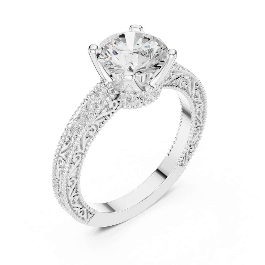 Round Brilliant Diamond Hidden Halo Engagement Ring with Double Pavé Band