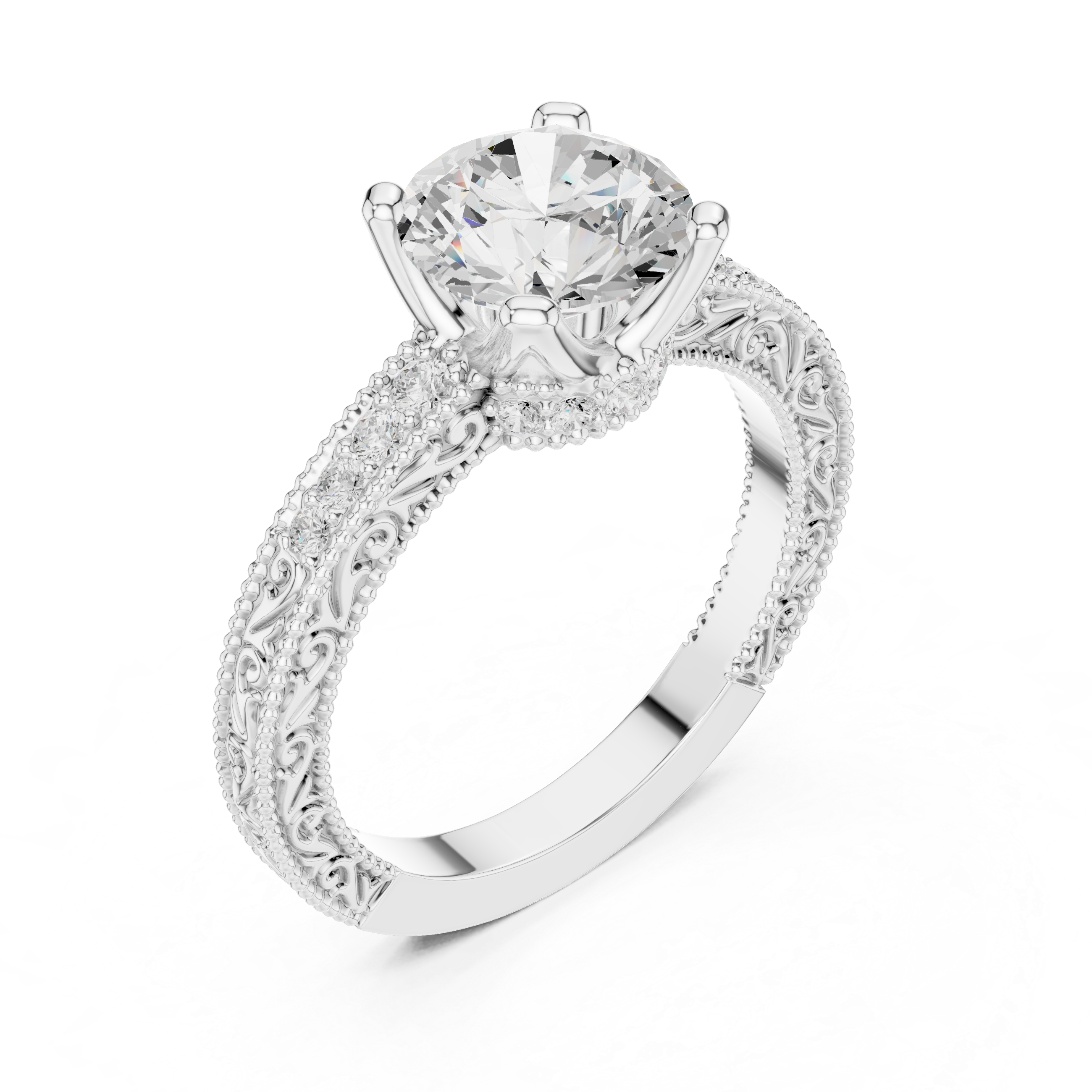 Round Brilliant Diamond Hidden Halo Engagement Ring with Double Pavé Band