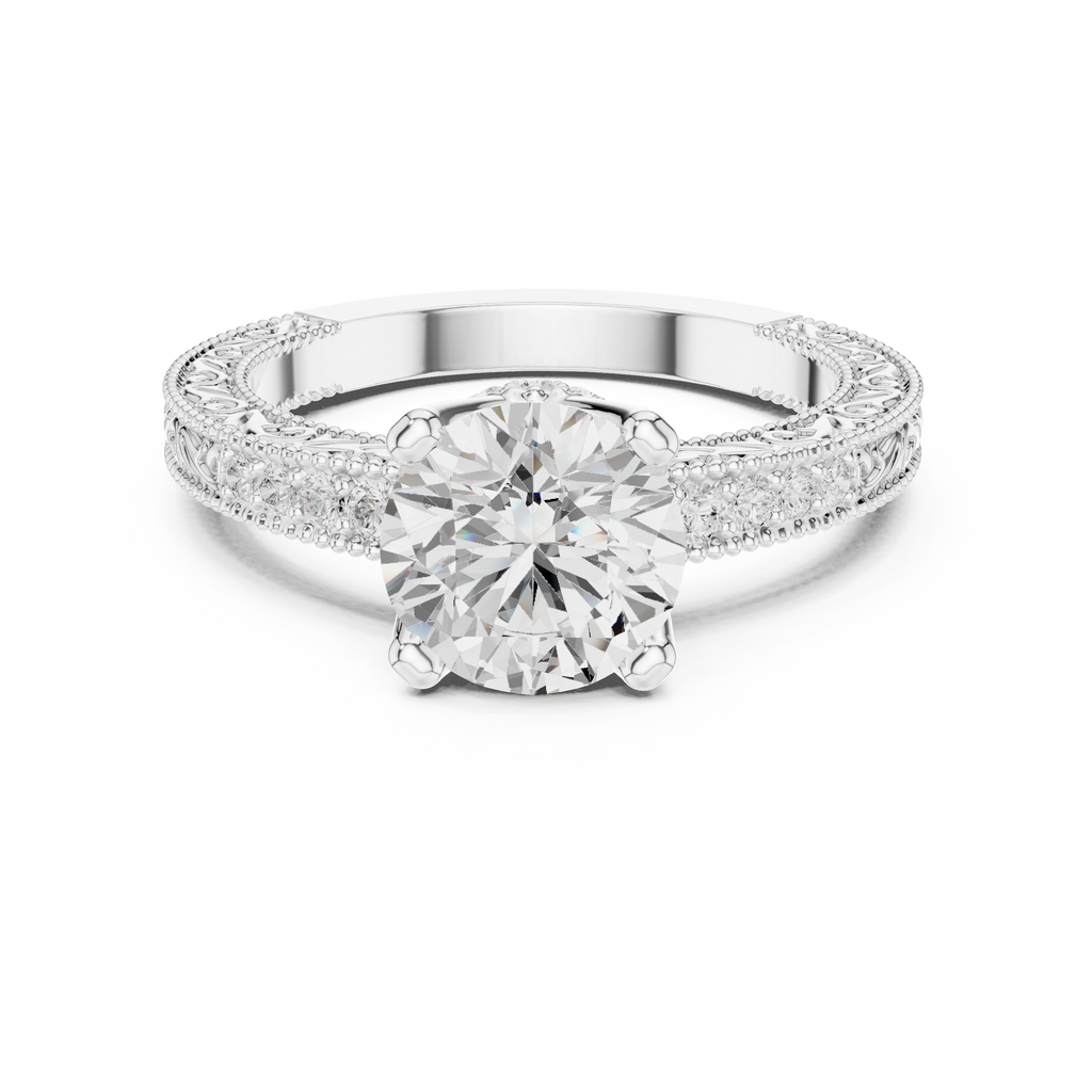 Round Brilliant Diamond Hidden Halo Engagement Ring with Double Pavé Band