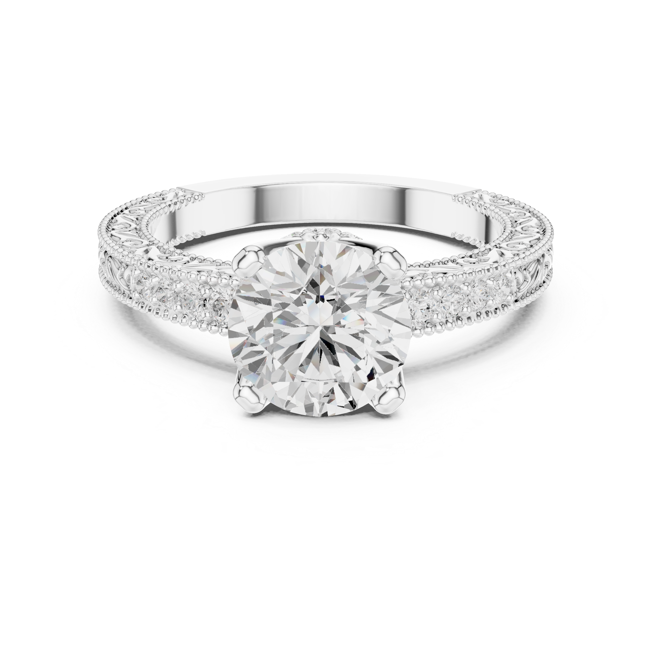 Round Brilliant Diamond Hidden Halo Engagement Ring with Double Pavé Band