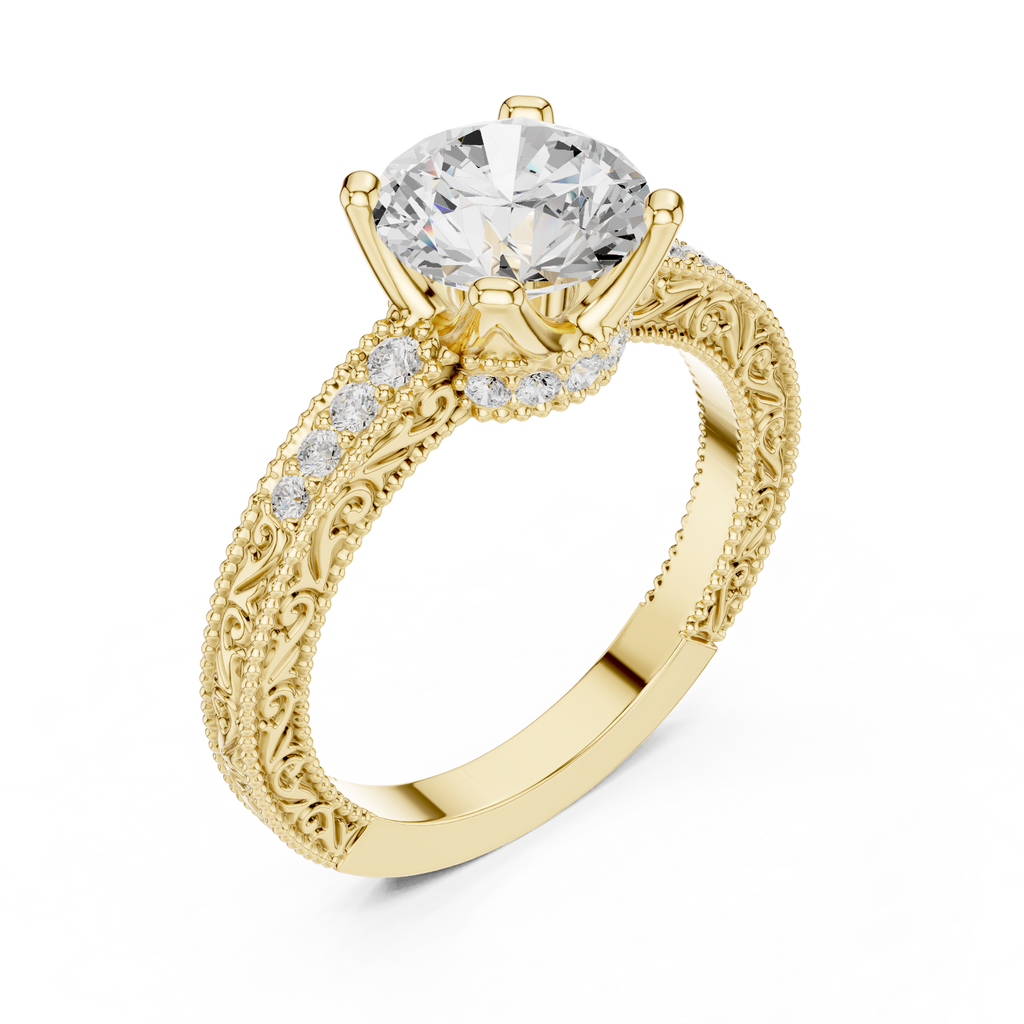 Round Brilliant Diamond Hidden Halo Engagement Ring with Double Pavé Band