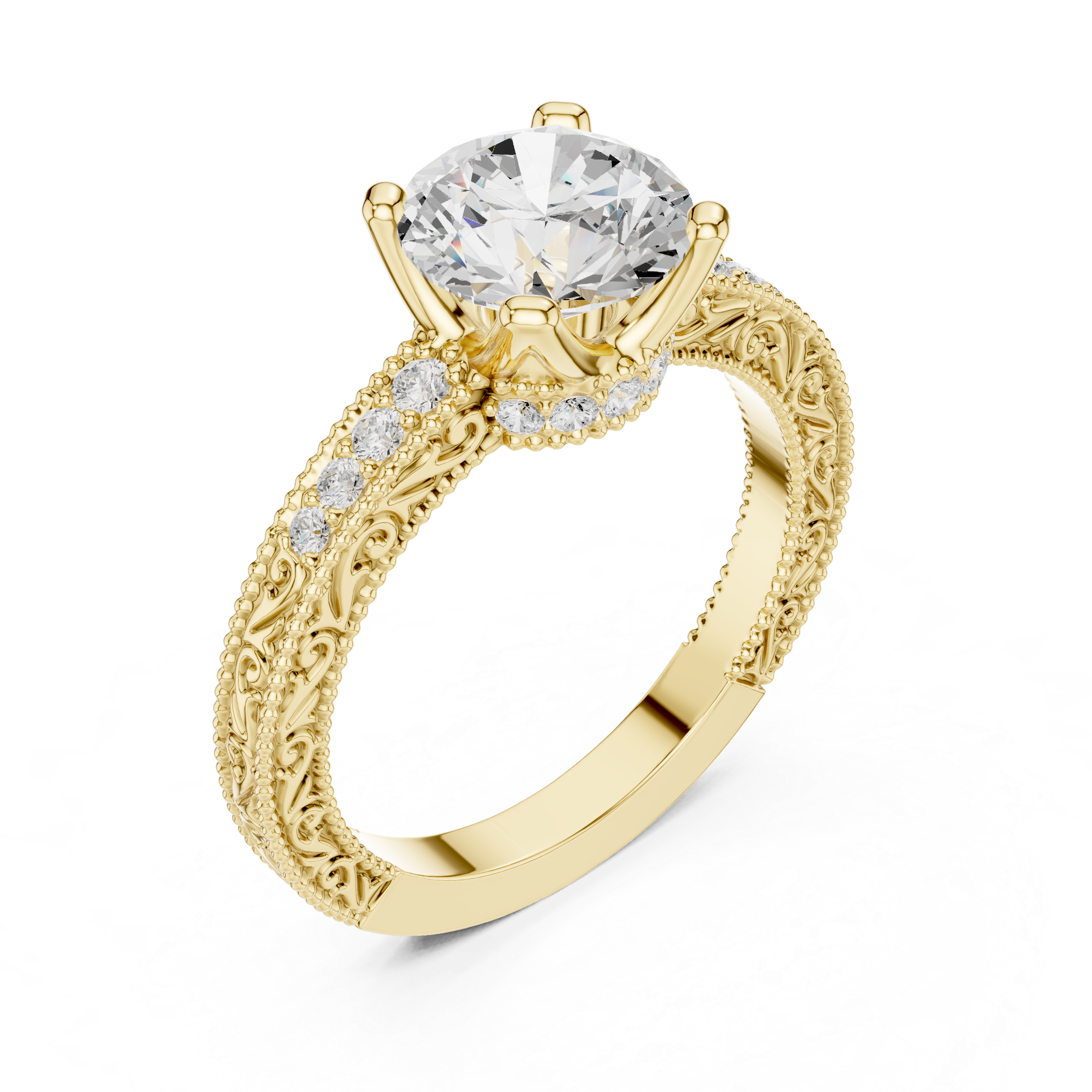 Round Brilliant Diamond Hidden Halo Engagement Ring with Double Pavé Band