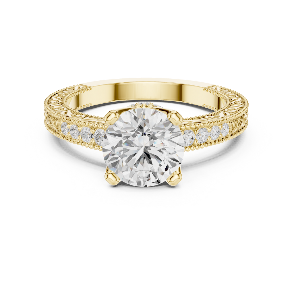 Round Brilliant Diamond Hidden Halo Engagement Ring with Double Pavé Band