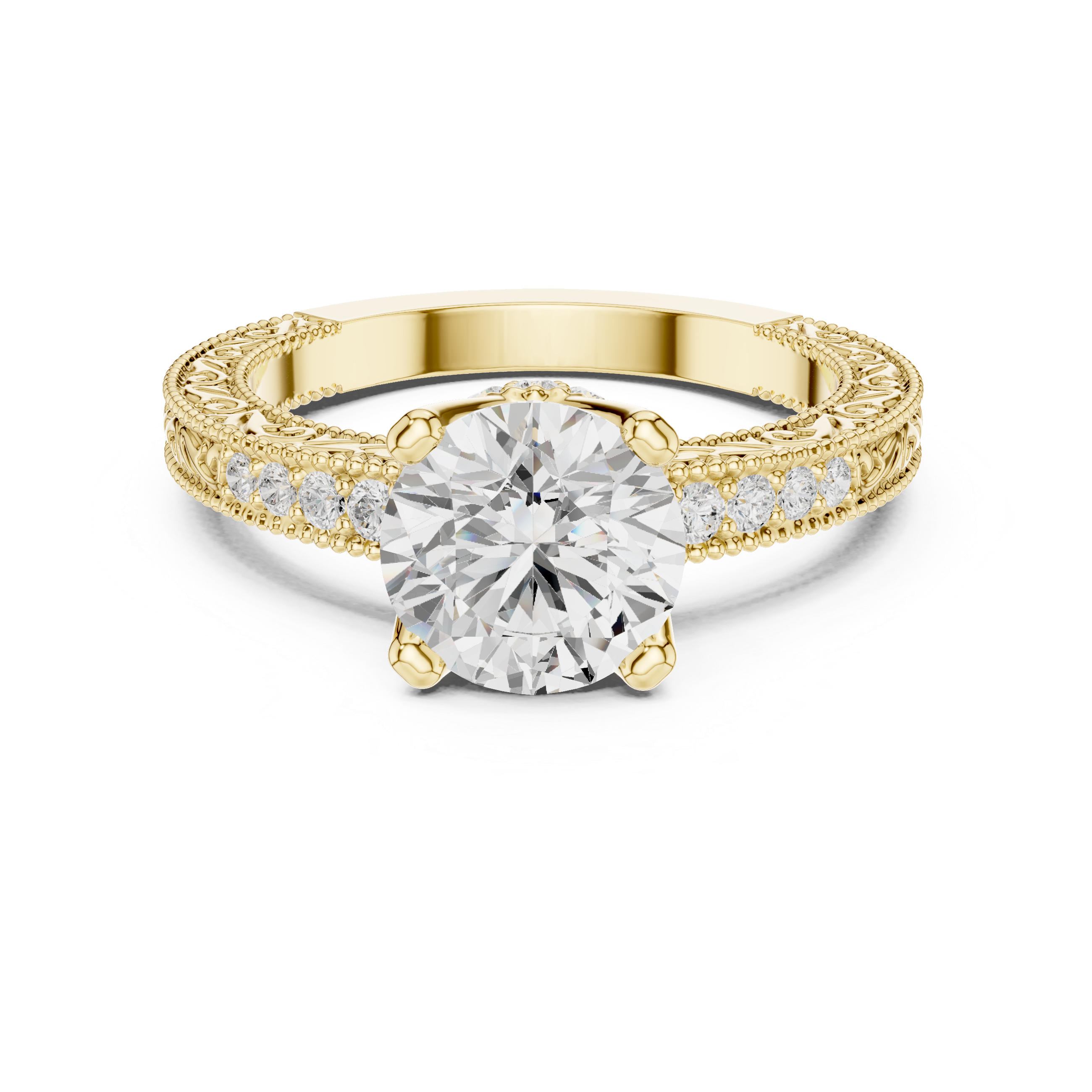 Round Brilliant Diamond Hidden Halo Engagement Ring with Double Pavé Band