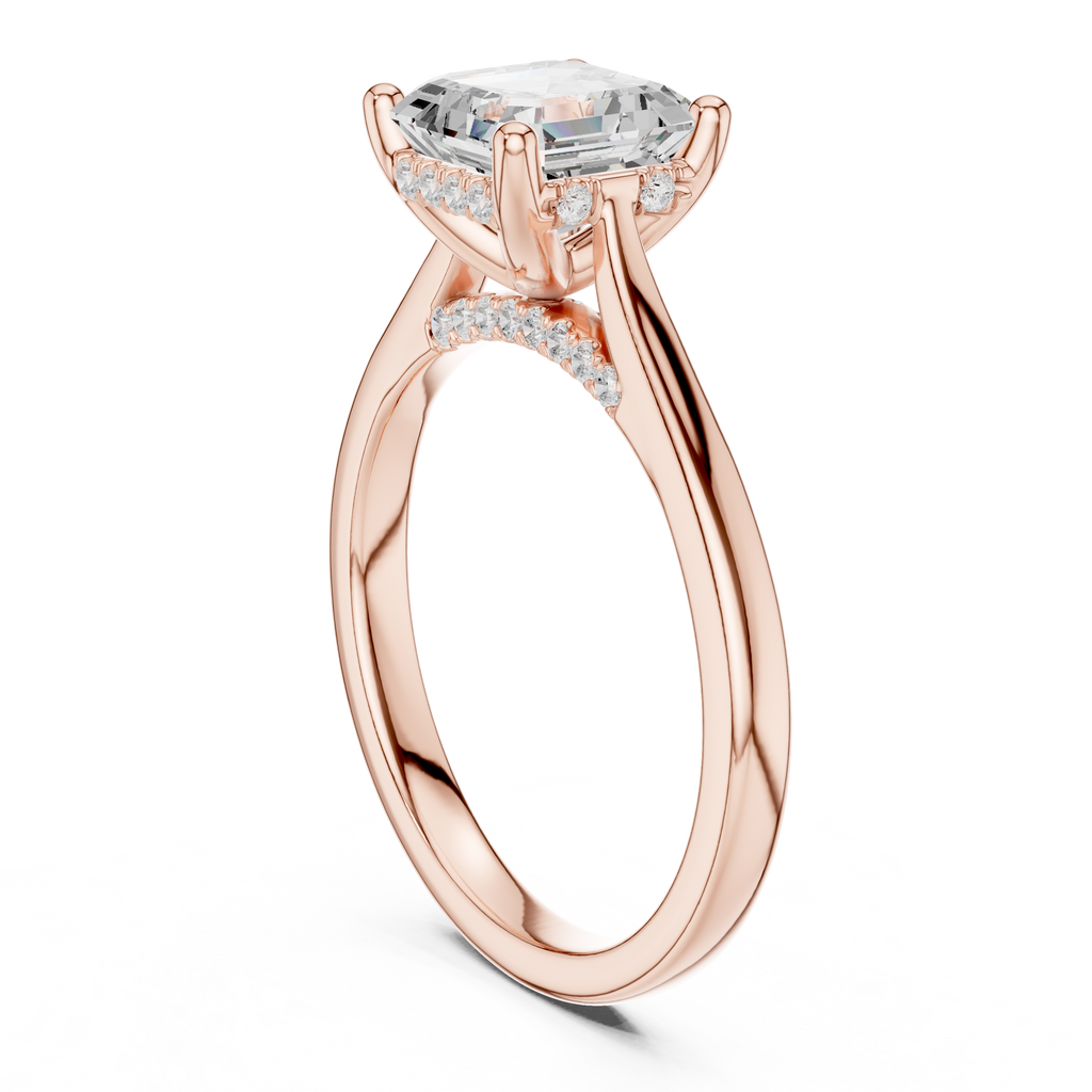 Emerald Cut Hidden Halo Diamond Engagement Ring with Micro Pavé Accent Band
