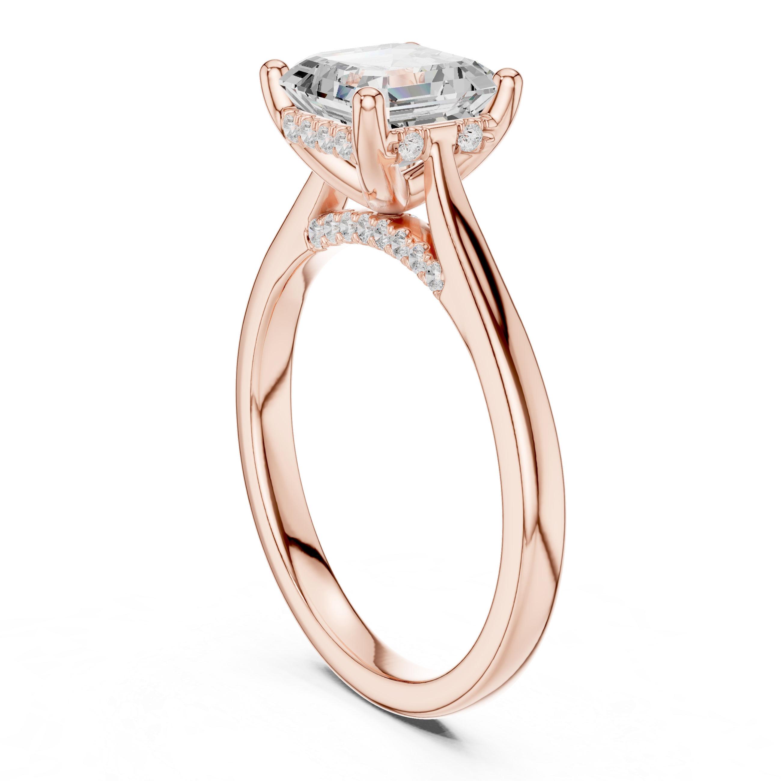 Emerald Cut Hidden Halo Diamond Engagement Ring with Micro Pavé Accent Band