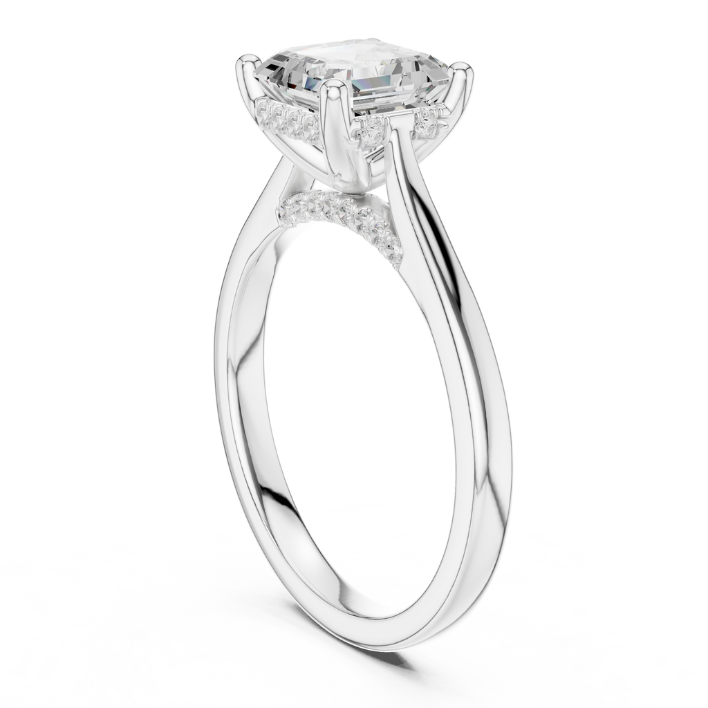Emerald Cut Hidden Halo Diamond Engagement Ring with Micro Pavé Accent Band