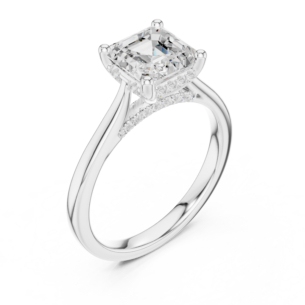 Emerald Cut Hidden Halo Diamond Engagement Ring with Micro Pavé Accent Band