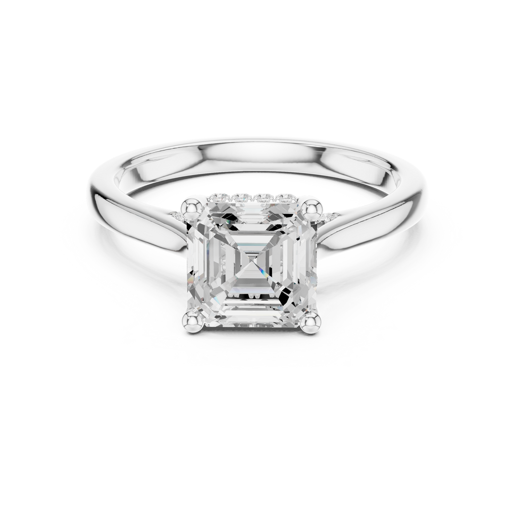 Emerald Cut Hidden Halo Diamond Engagement Ring with Micro Pavé Accent Band