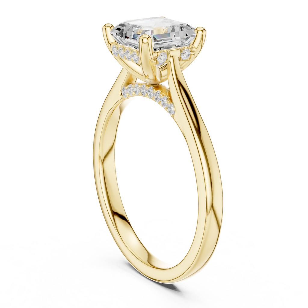 Emerald Cut Hidden Halo Diamond Engagement Ring with Micro Pavé Accent Band
