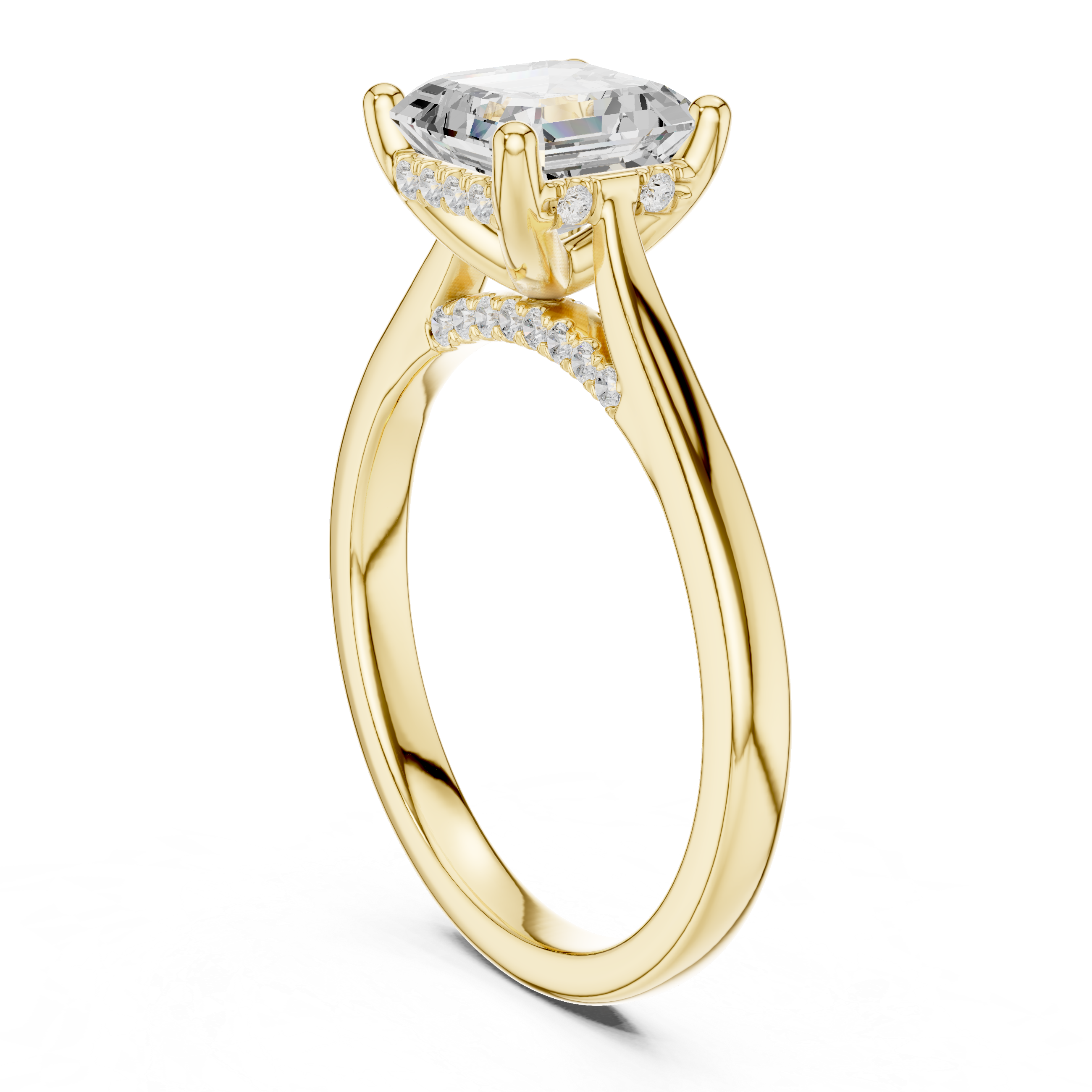 Emerald Cut Hidden Halo Diamond Engagement Ring with Micro Pavé Accent Band