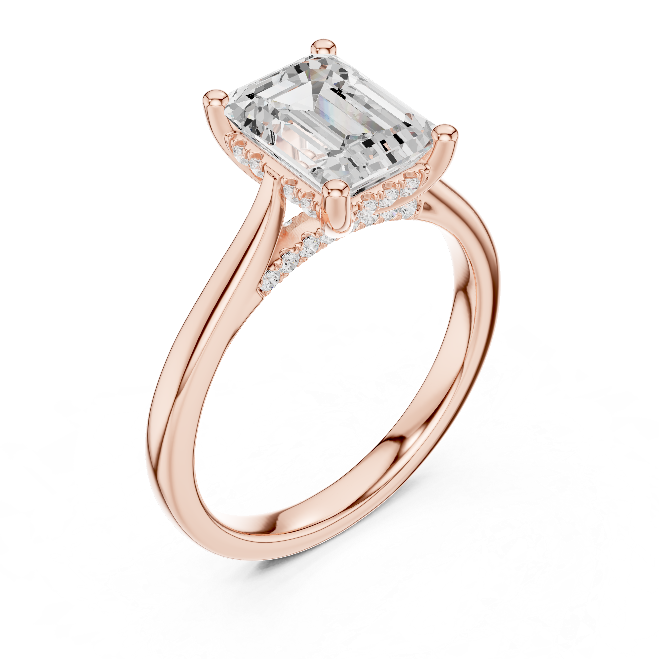 Emerald Cut Diamond Engagement Ring with Hidden Halo Accent Bridge