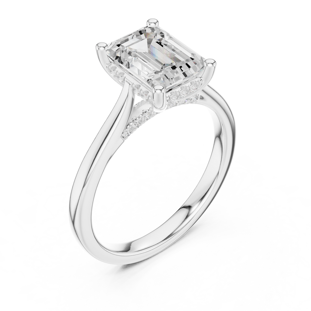 Emerald Cut Diamond Engagement Ring with Hidden Halo Accent Bridge