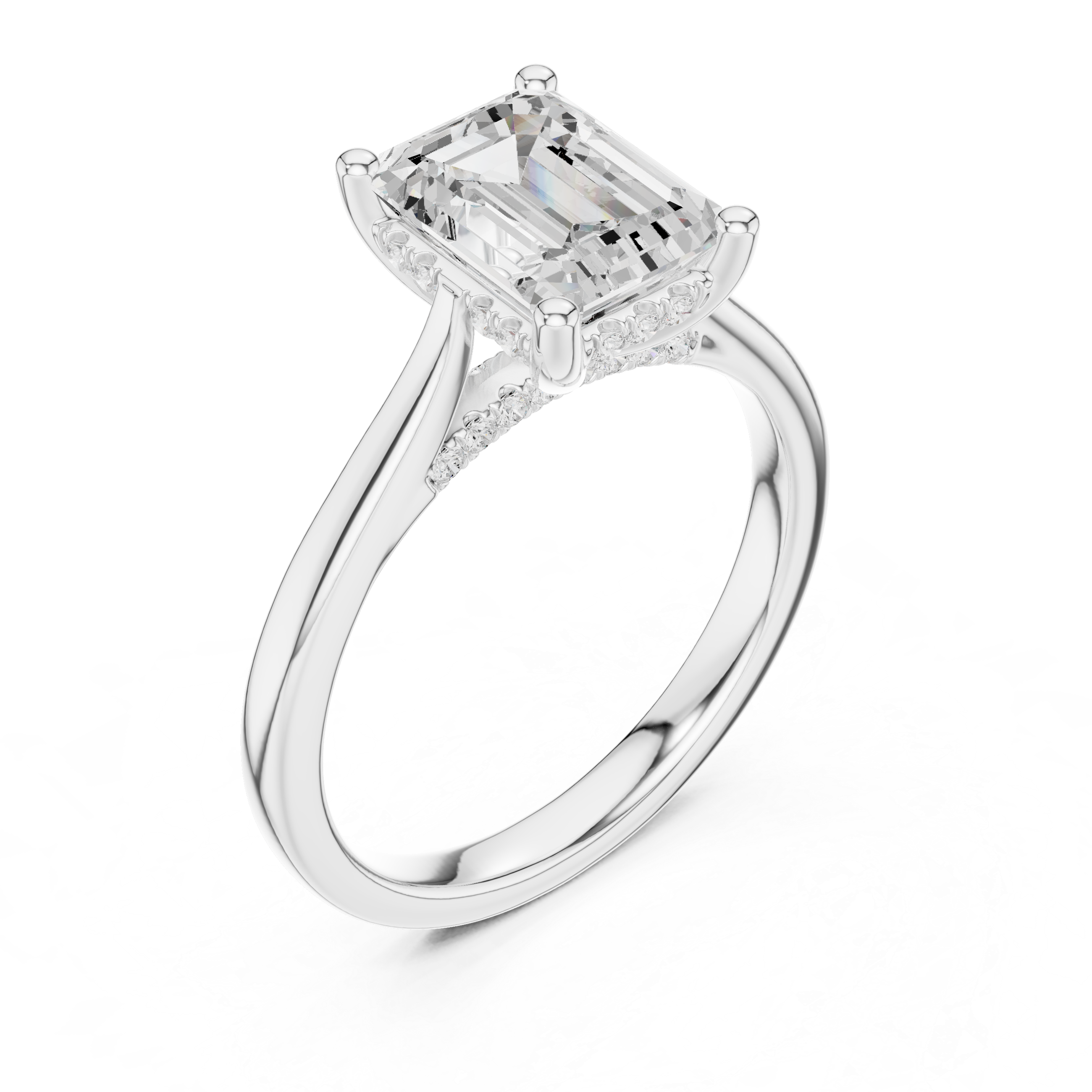 Emerald Cut Diamond Engagement Ring with Hidden Halo Accent Bridge