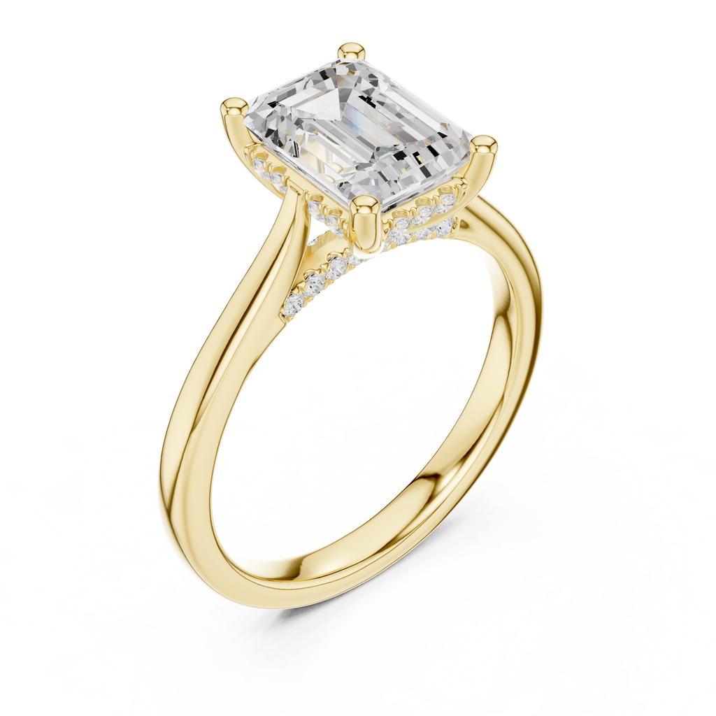 Emerald Cut Diamond Engagement Ring with Hidden Halo Accent Bridge