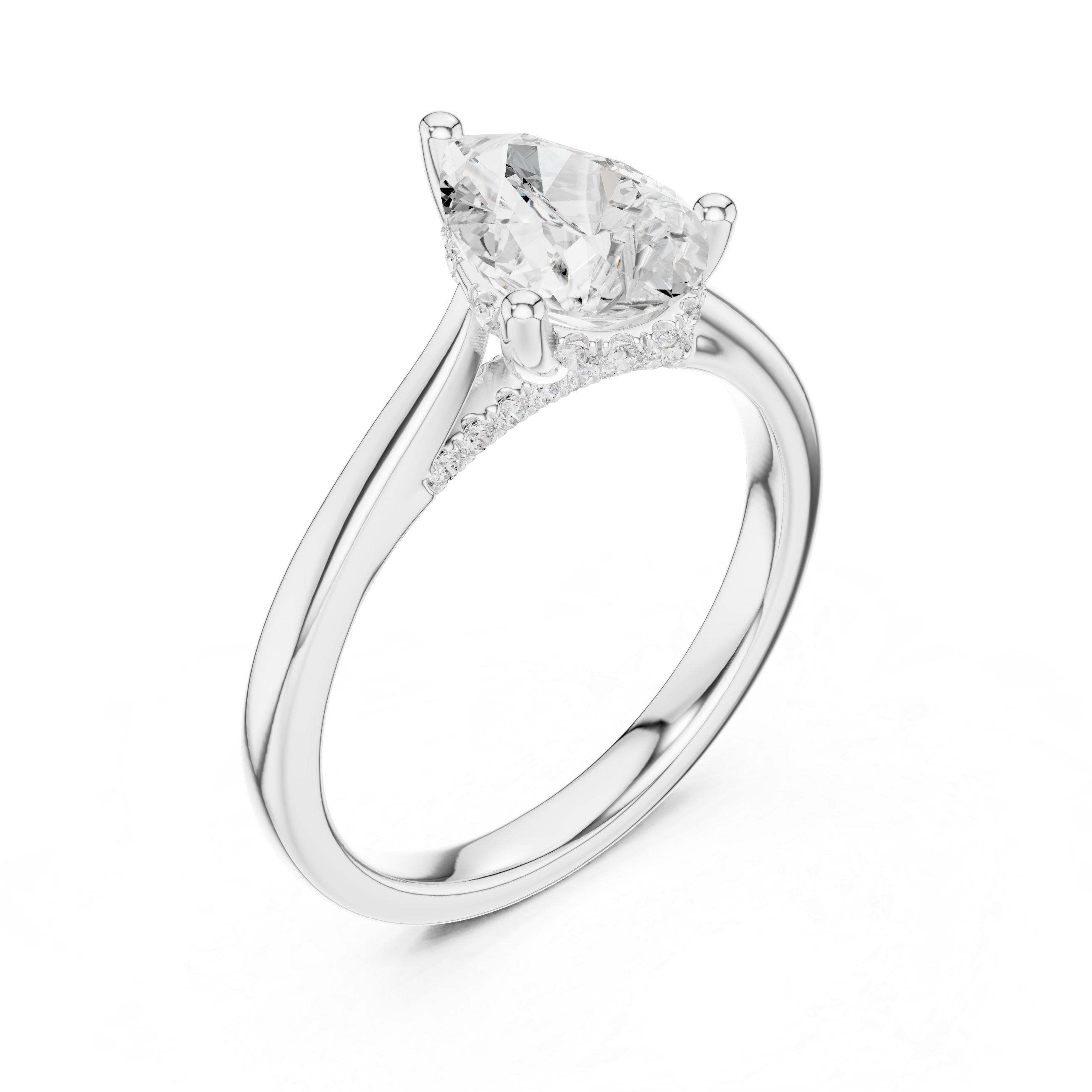 Pear Cut Hidden Halo Diamond Engagement Ring with Cathedral Setting