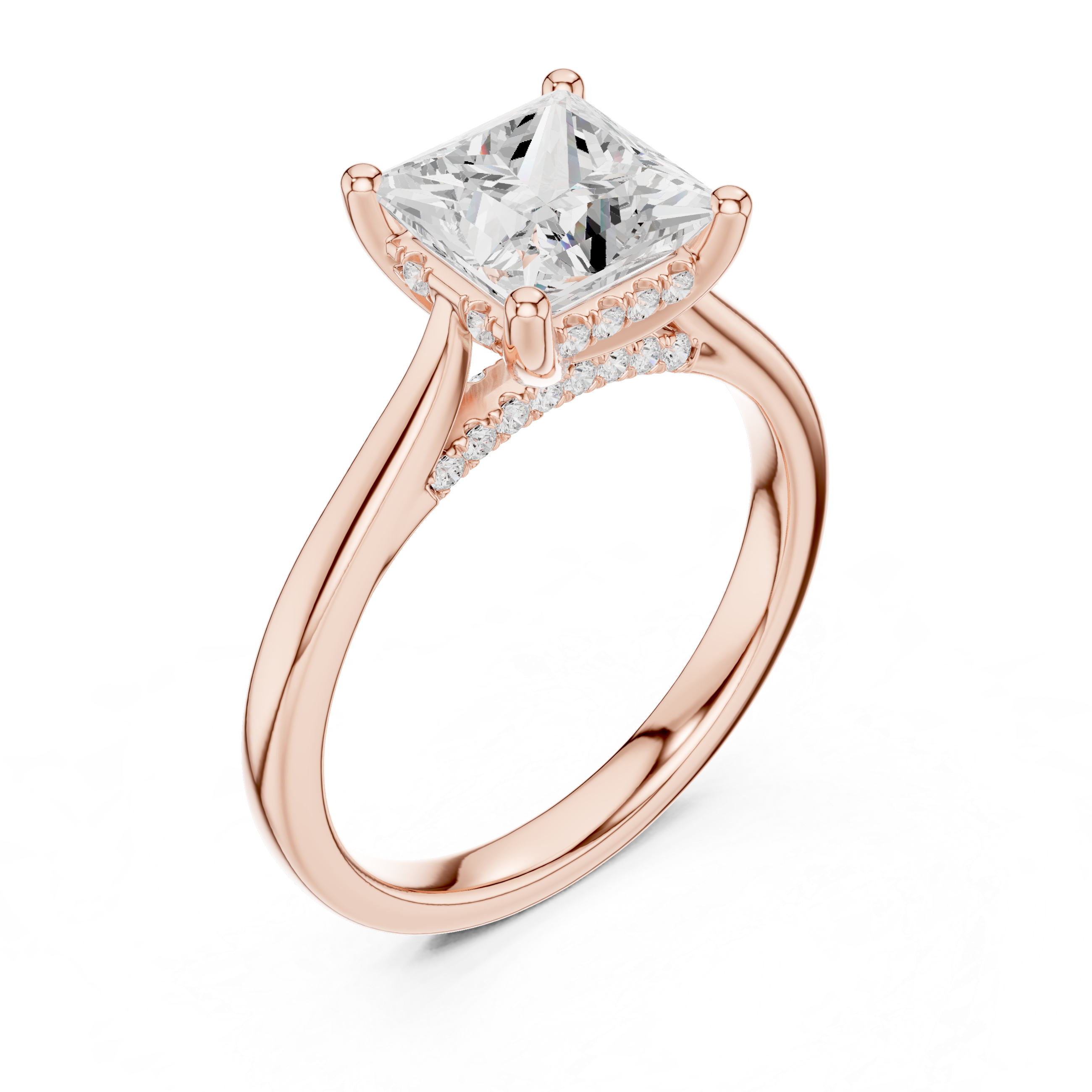 Princess Cut Hidden Halo Diamond Engagement Ring with Cathedral Setting